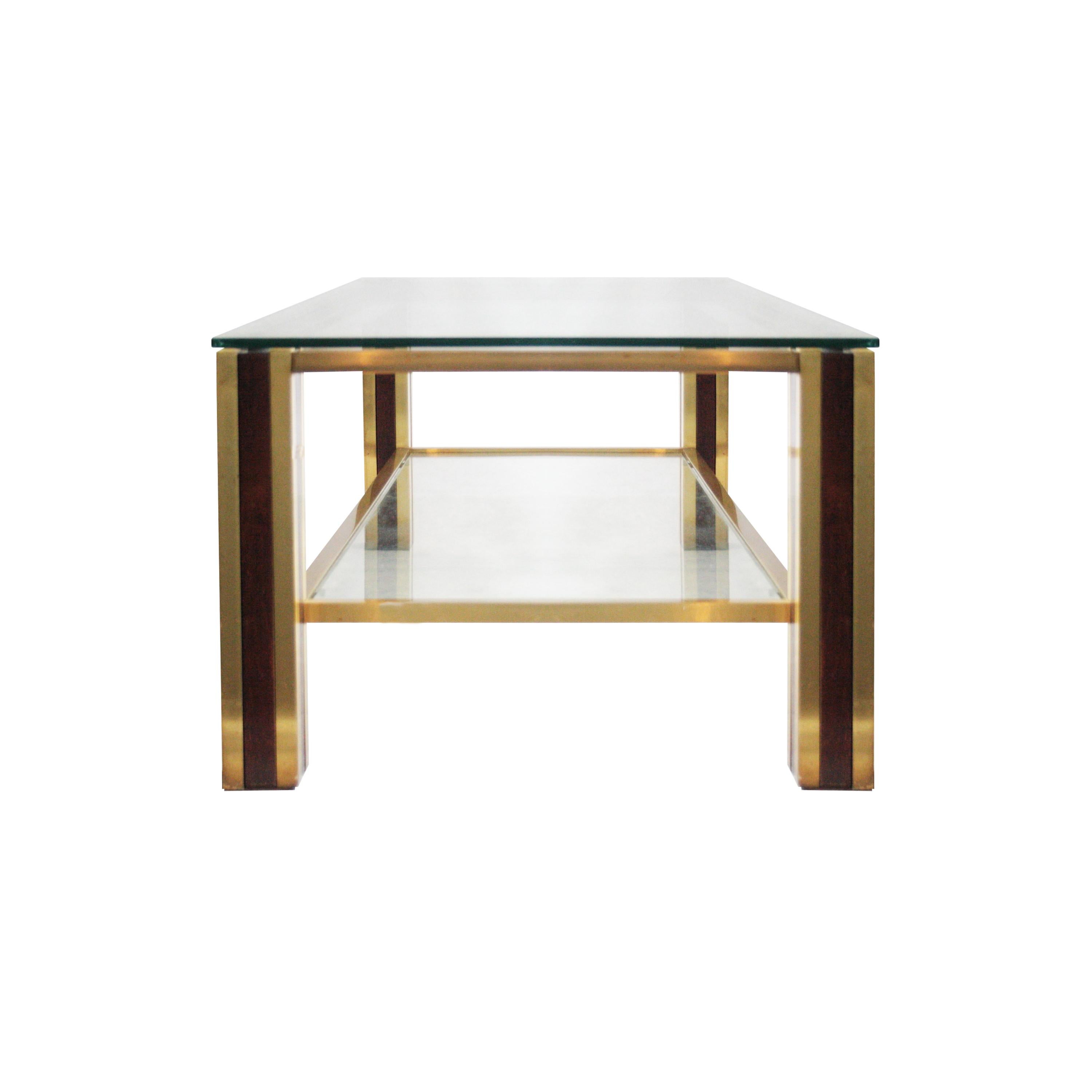 French MidCentury Modern Table with Brass and Solid Walnut Wood Structure, France, 1970 For Sale