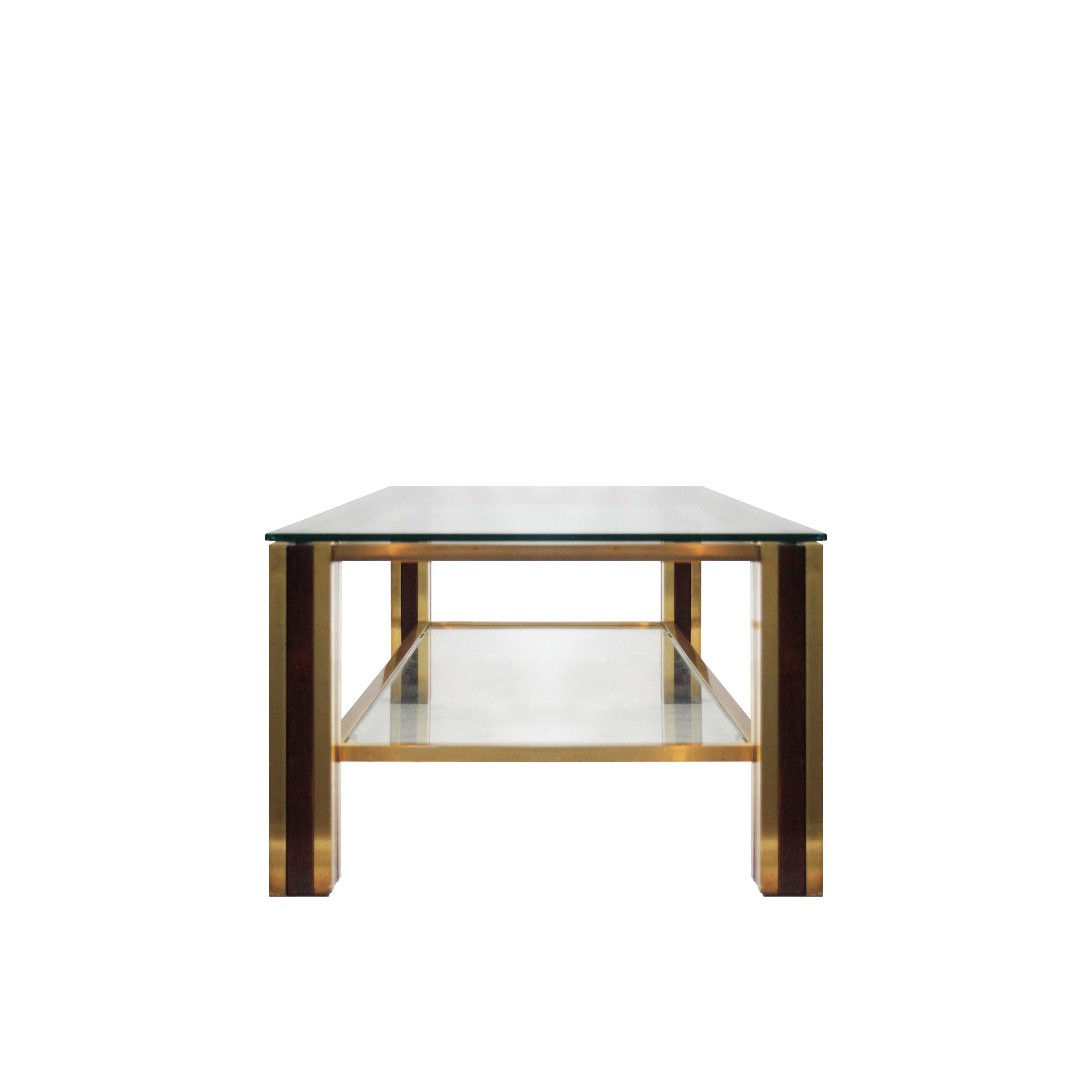 MidCentury Modern Table with Brass and Solid Walnut Wood Structure, France, 1970 In Good Condition For Sale In Madrid, ES