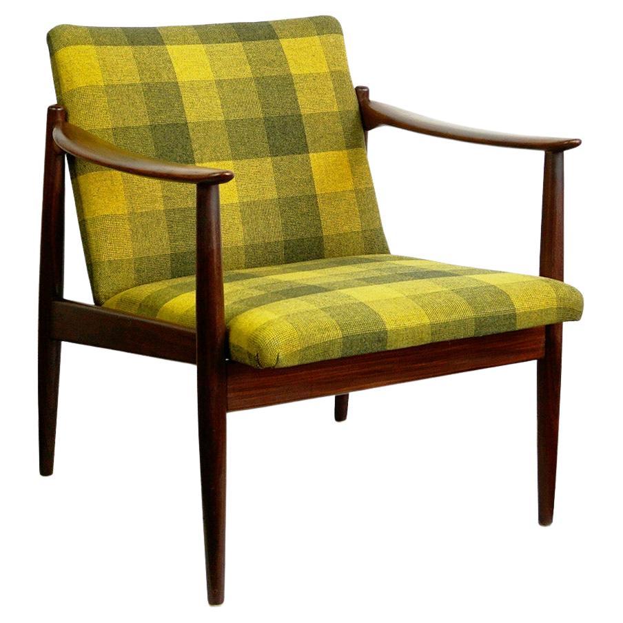 Midcentury Modern Teak and green checkered Fabric Lounge Chair