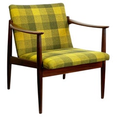 Midcentury Modern Teak and green checkered Fabric Lounge Chair