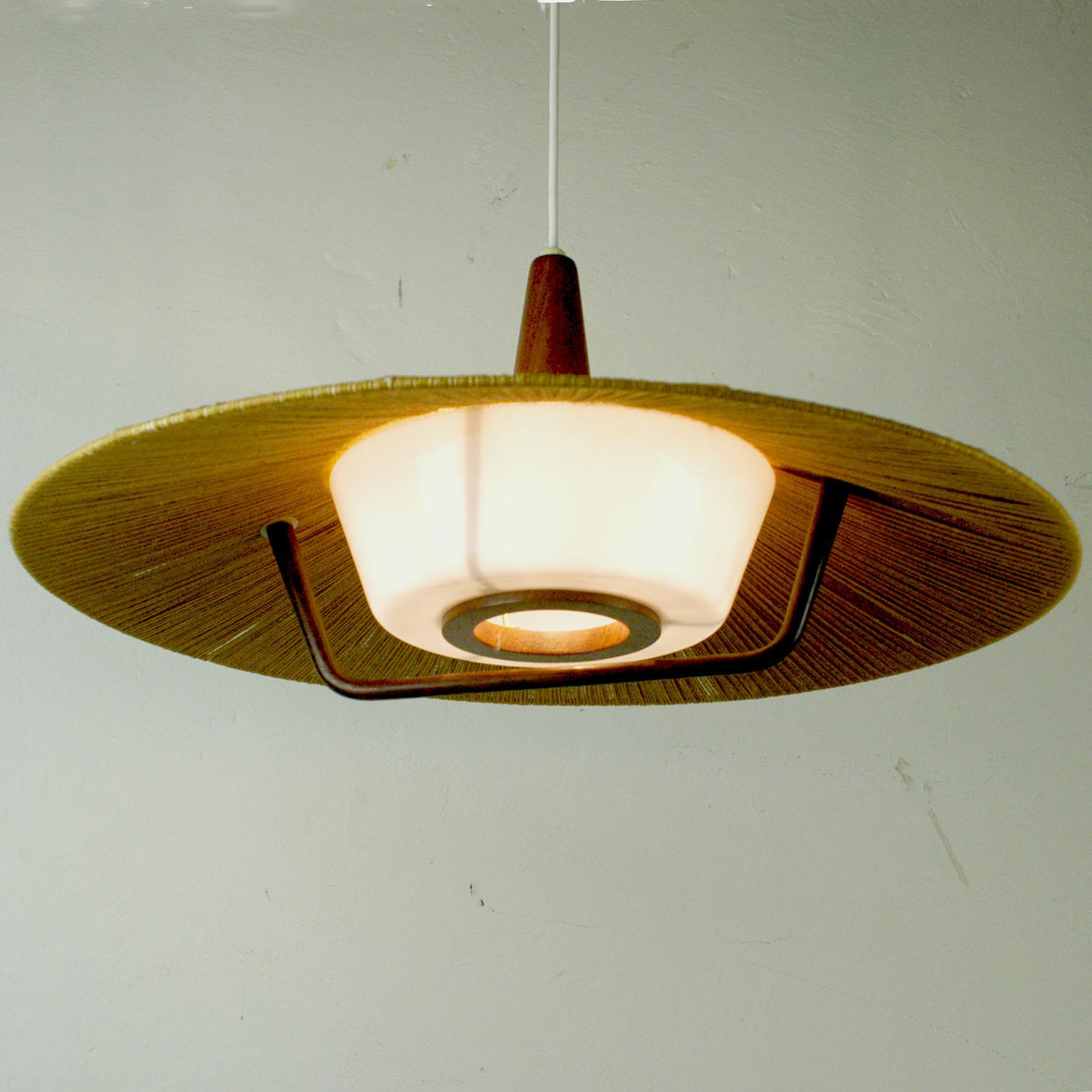 German Midcentury Modern Teak, Cord and Perspex Pendant Lamp by Temde