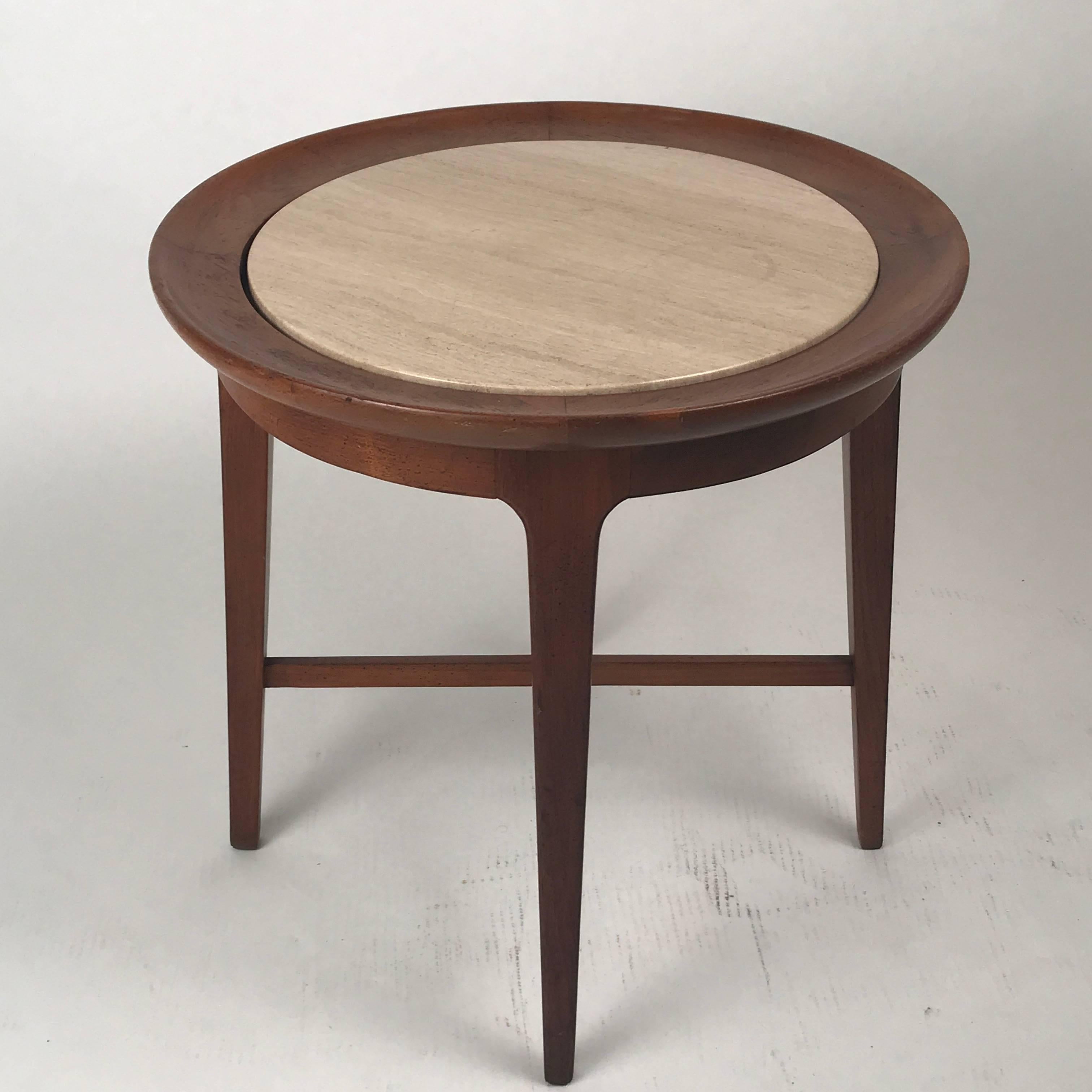 Midcentury Modern Travertine & Walnut Round End Tables or Stands Van Koert, Pair In Good Condition In Hudson, NY