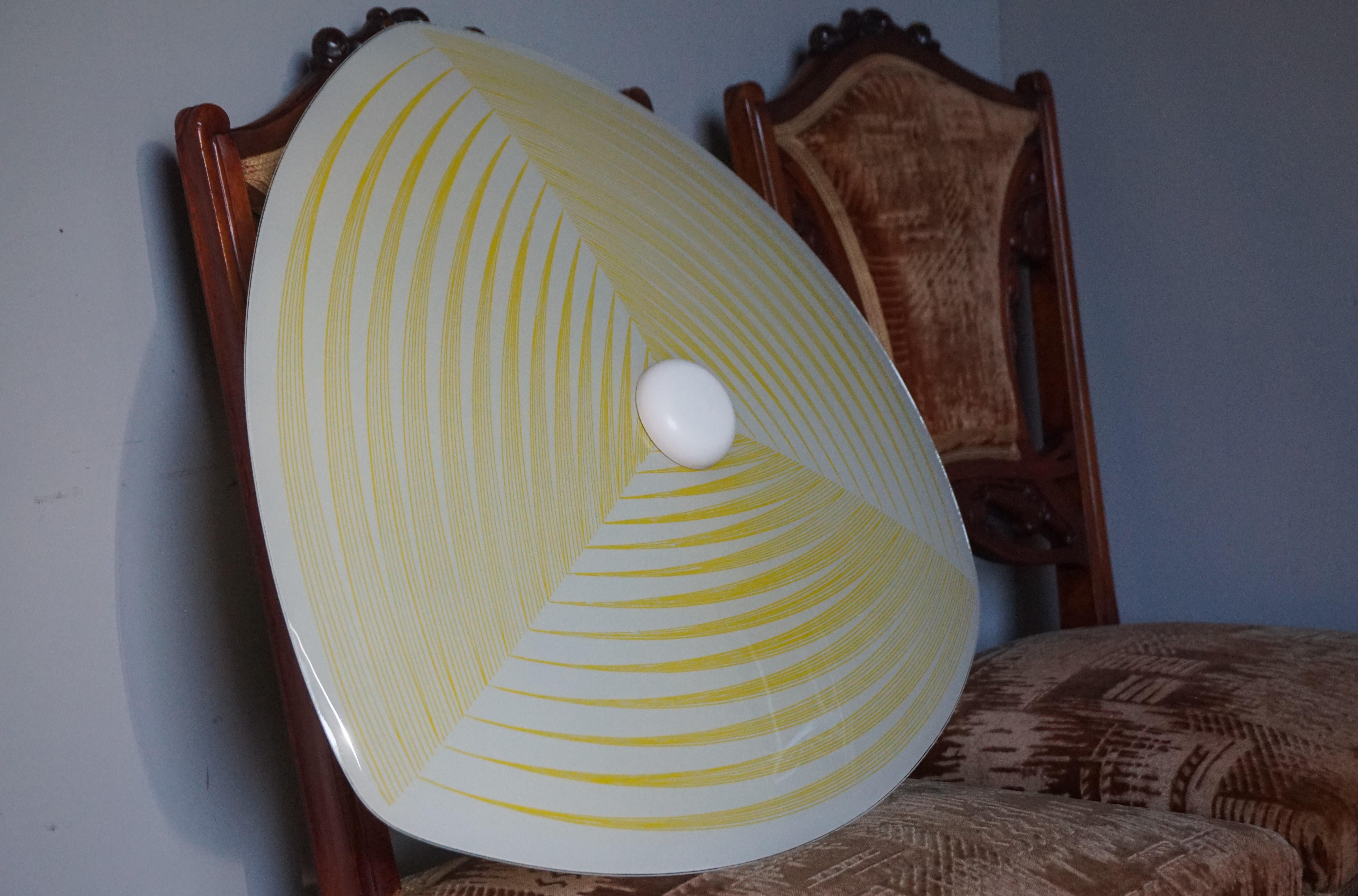 Mid-Century Modern Triangle Shape Flushmount w. Yellow Stripes Geometric Pattern For Sale 3