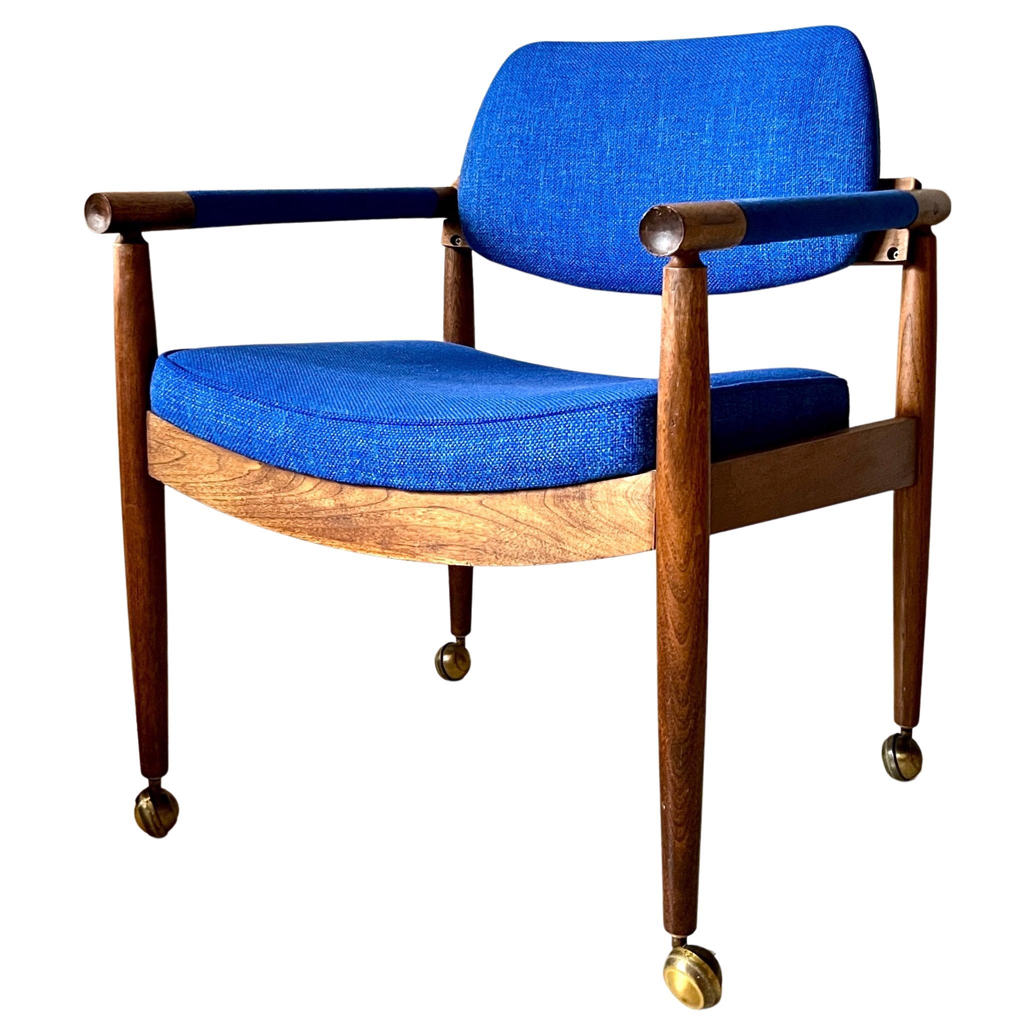 Midcentury Modern Upholstered Wood Armchair on Castors For Sale