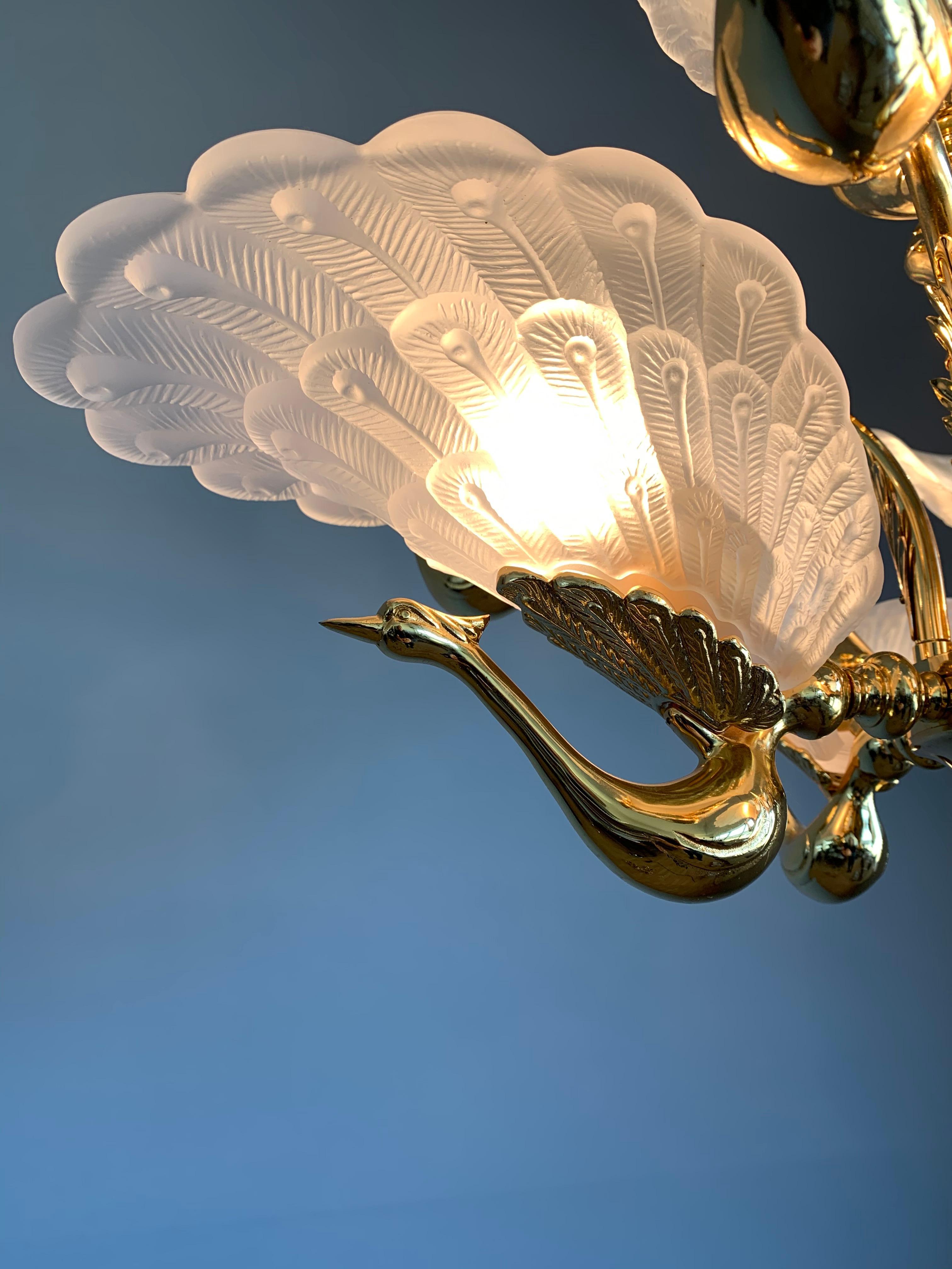 Hand-Crafted Mid-Century Modern Wall Sconce w. Golden Bronze Peacock Sculptures & Glass Wings
