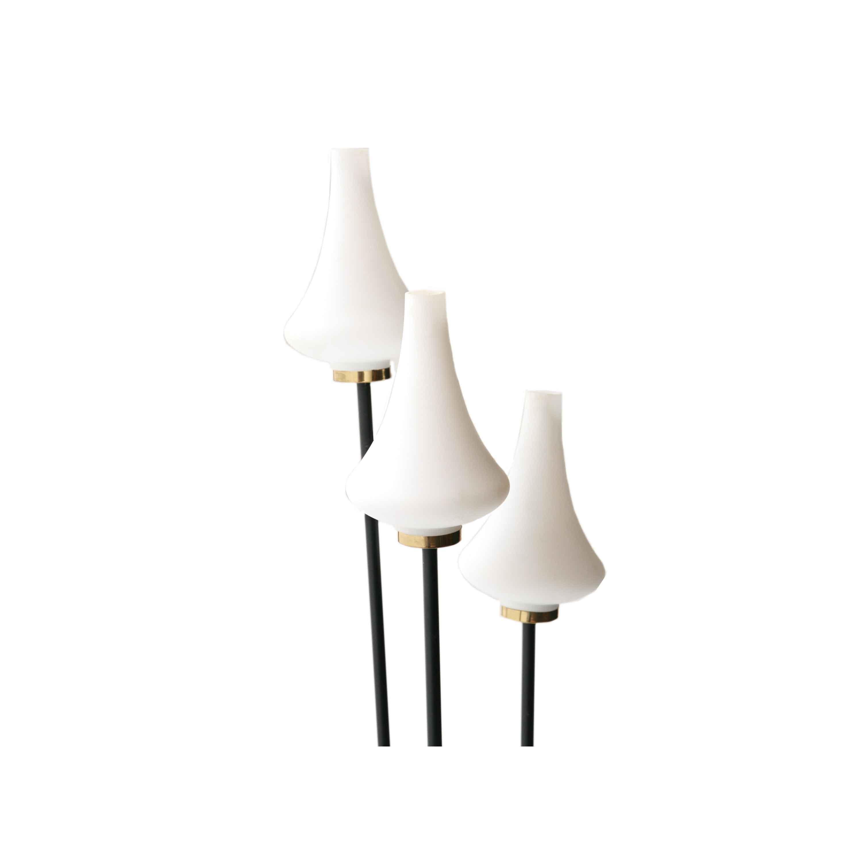 Floor lamp with black lacquered metal structure and three points of light with handmade glass tulips.