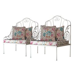 Mid-Century Modern White Forge Flowered French Folding Bench Pair, France, 1950