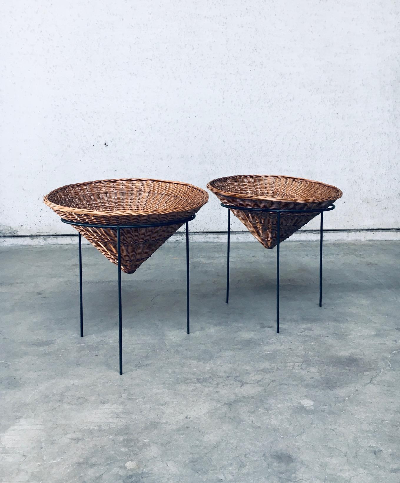 Dutch Midcentury Modern Wicker Tripod Baskets, 1960's Netherlands
