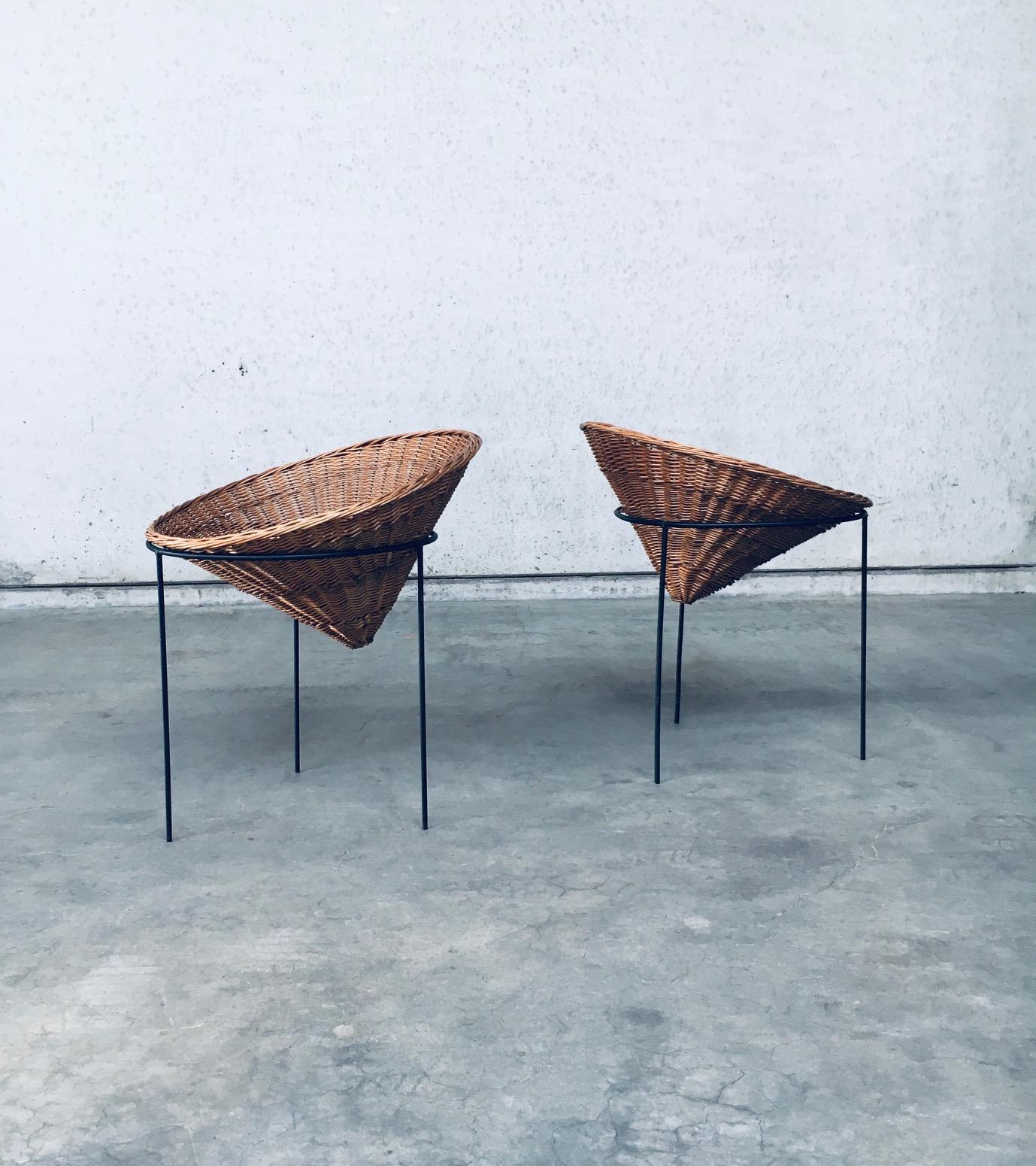 Steel Midcentury Modern Wicker Tripod Baskets, 1960's Netherlands