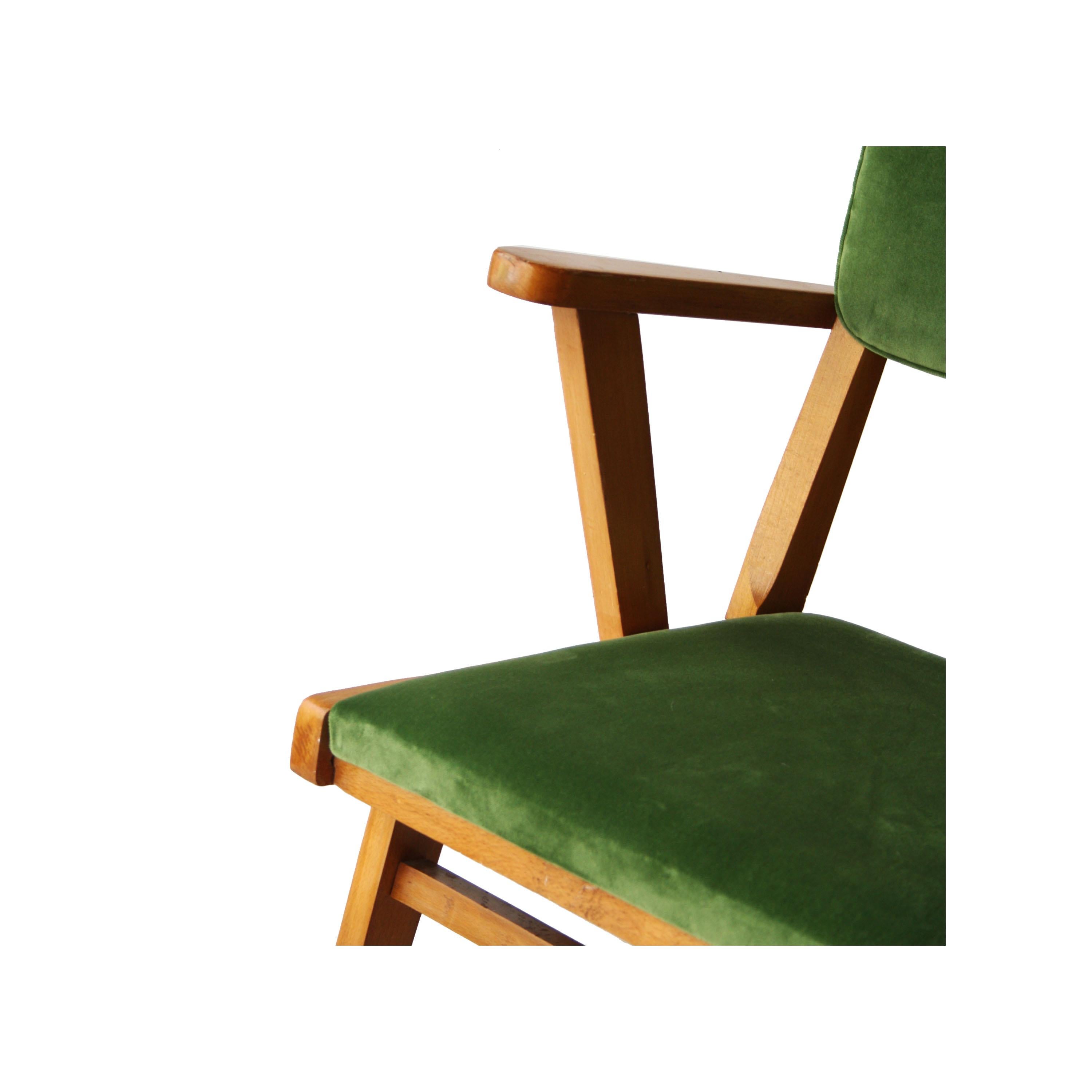 Mid-Century Modern Wood Velvet Green Pair of Italian Armchairs, 1960 3