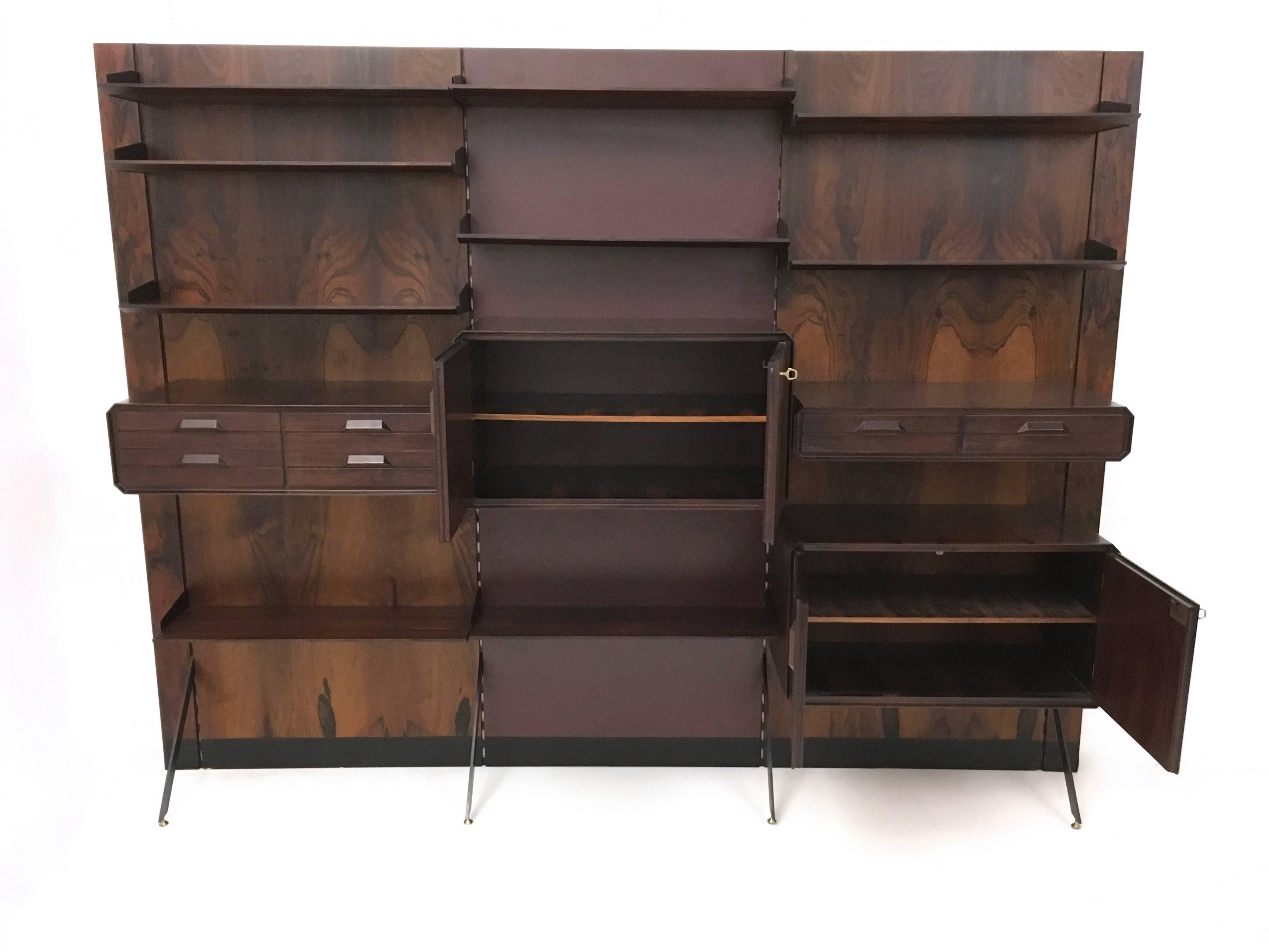 Italian Midcentury Modern Wood, Formica, Metal and Brass Bookcase, Italy, 1960s