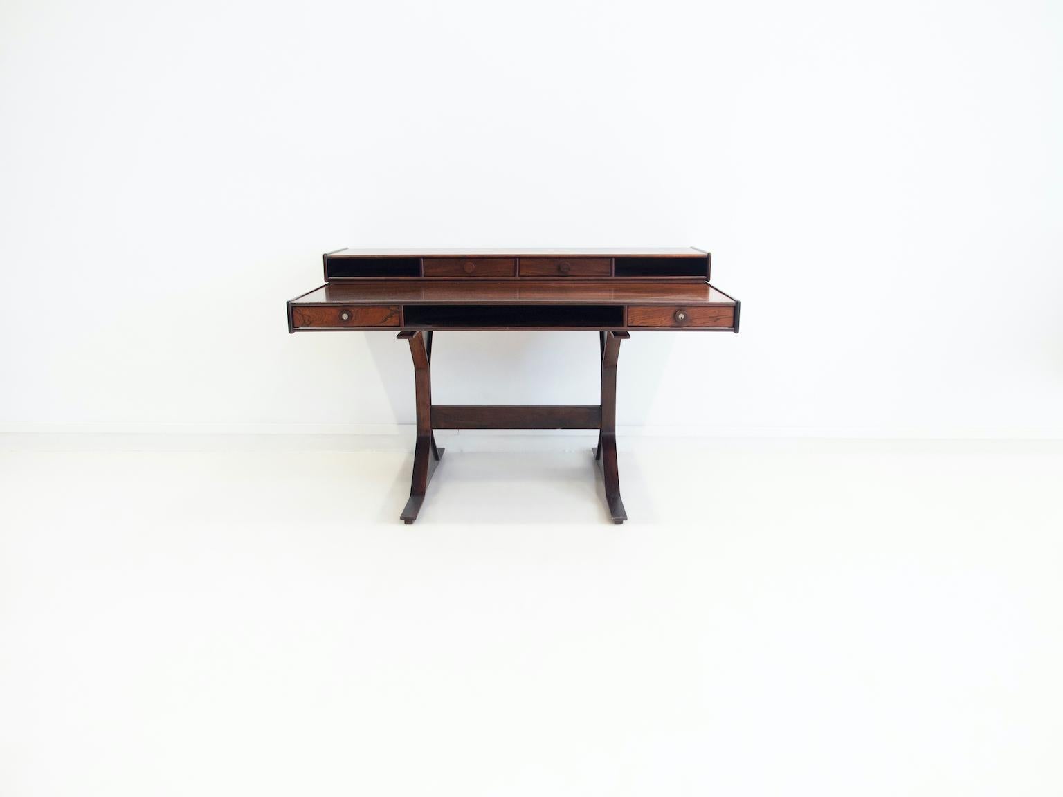Hardwood writing desk designed by Gianfranco Frattini and produced by Bernini, Italy. The desk features a removable top part with extra drawers and storage compartments. This desk can be placed against the wall or in the middle of the room as its