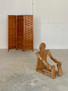 Midcentury Modern Woven Pine Wood Folding Screen, 3-Panel Room Divider