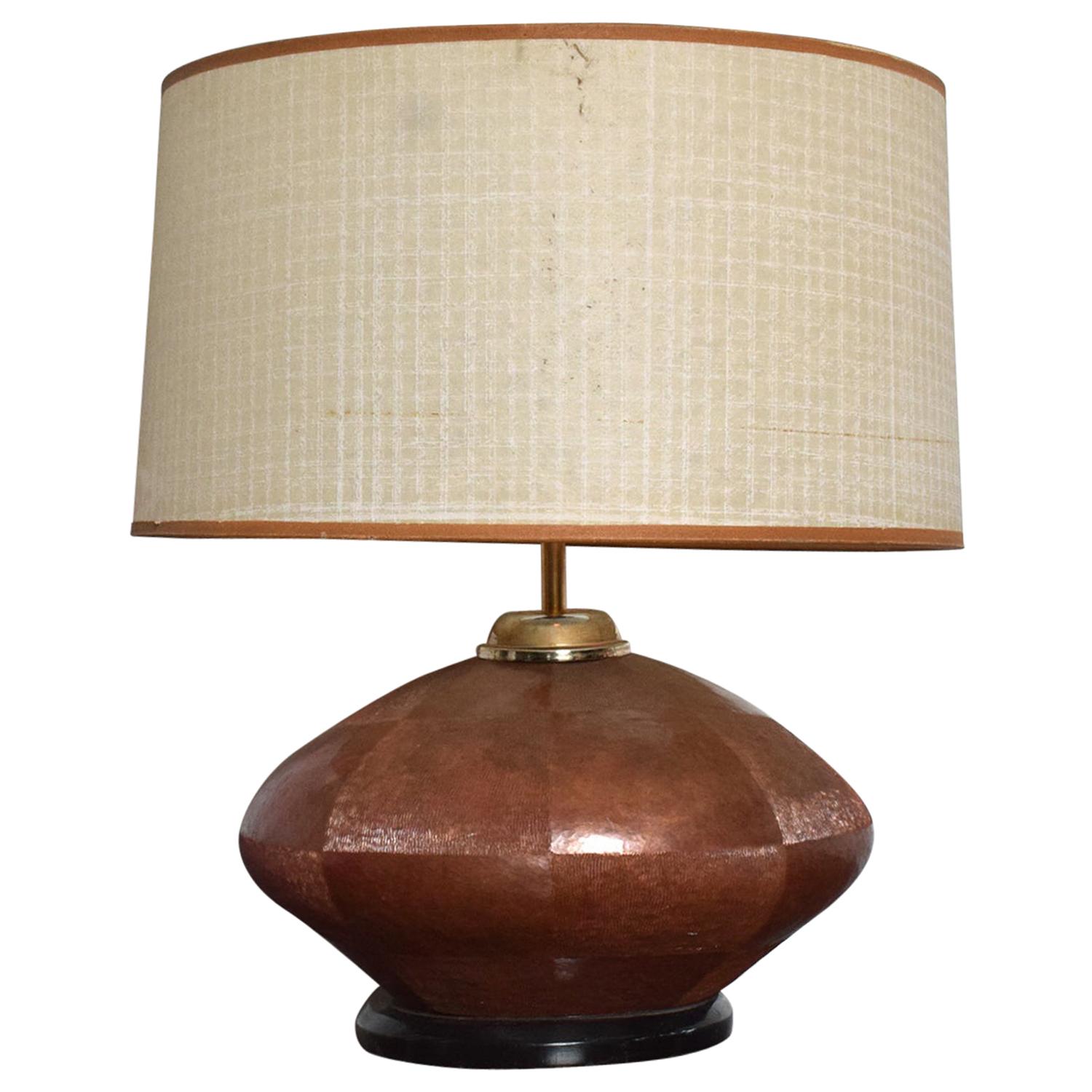 1970s Texturized Table Lamp Patinated Copper Bentwood Base 
base painted in black Brass hardware.
Lamp is bulbous oval shape. 
Made in Mexico Style of Luis Barragan.
19 T x 14.5 W x 11.5 D 
Original Vintage Unrestored Preowned Condition. 
Lampshade