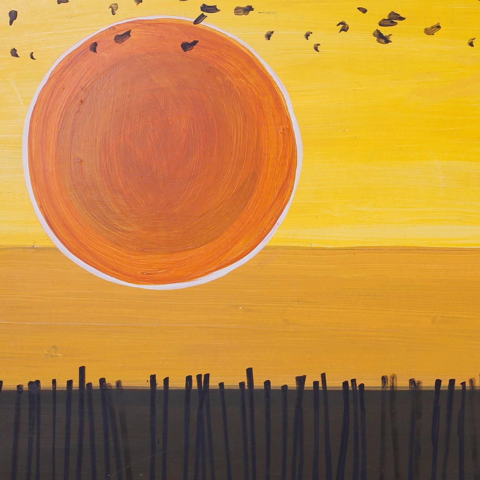 Warm modernist painting on board of a sunset with a flock of birds
over a field and its reflection. Signed indistinctly in the lower
right and presented in its original gold leaf frame.