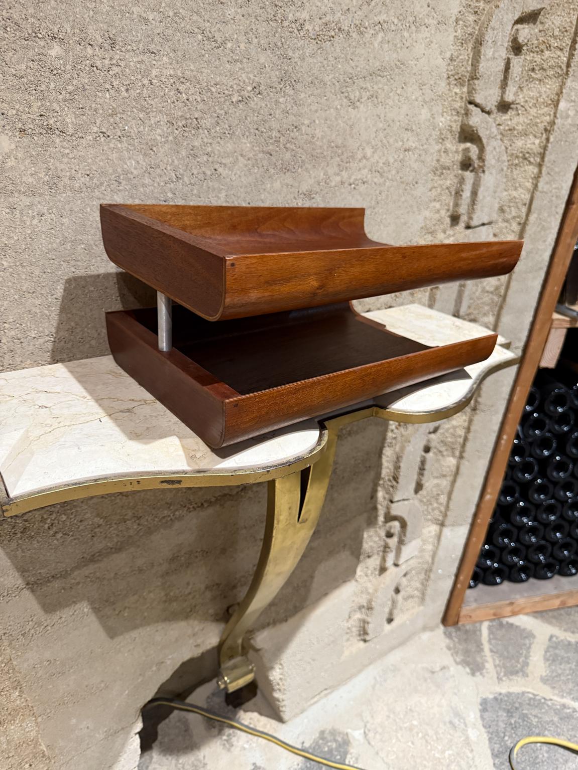 Stunning midcentury modernist tiered letter file tray
walnut wood and aluminum
In the style of Florence Knoll 
6.13 h x 10 w x 15
Great preowned vintage condition. Wood recently oiled.
Refer to listed images please