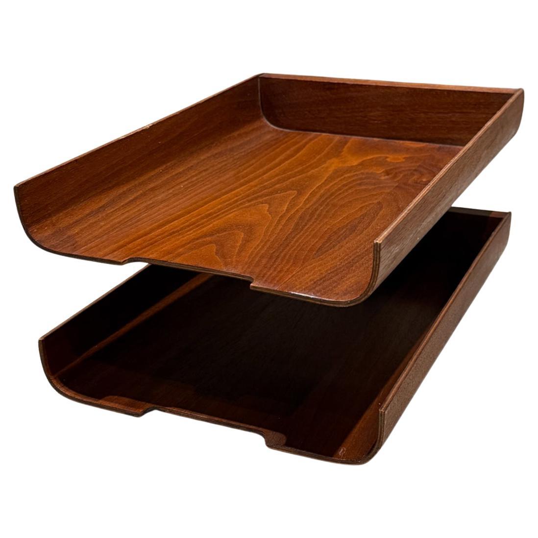 Midcentury Modernist Architectural Letter Tray Tiered Walnut Wood