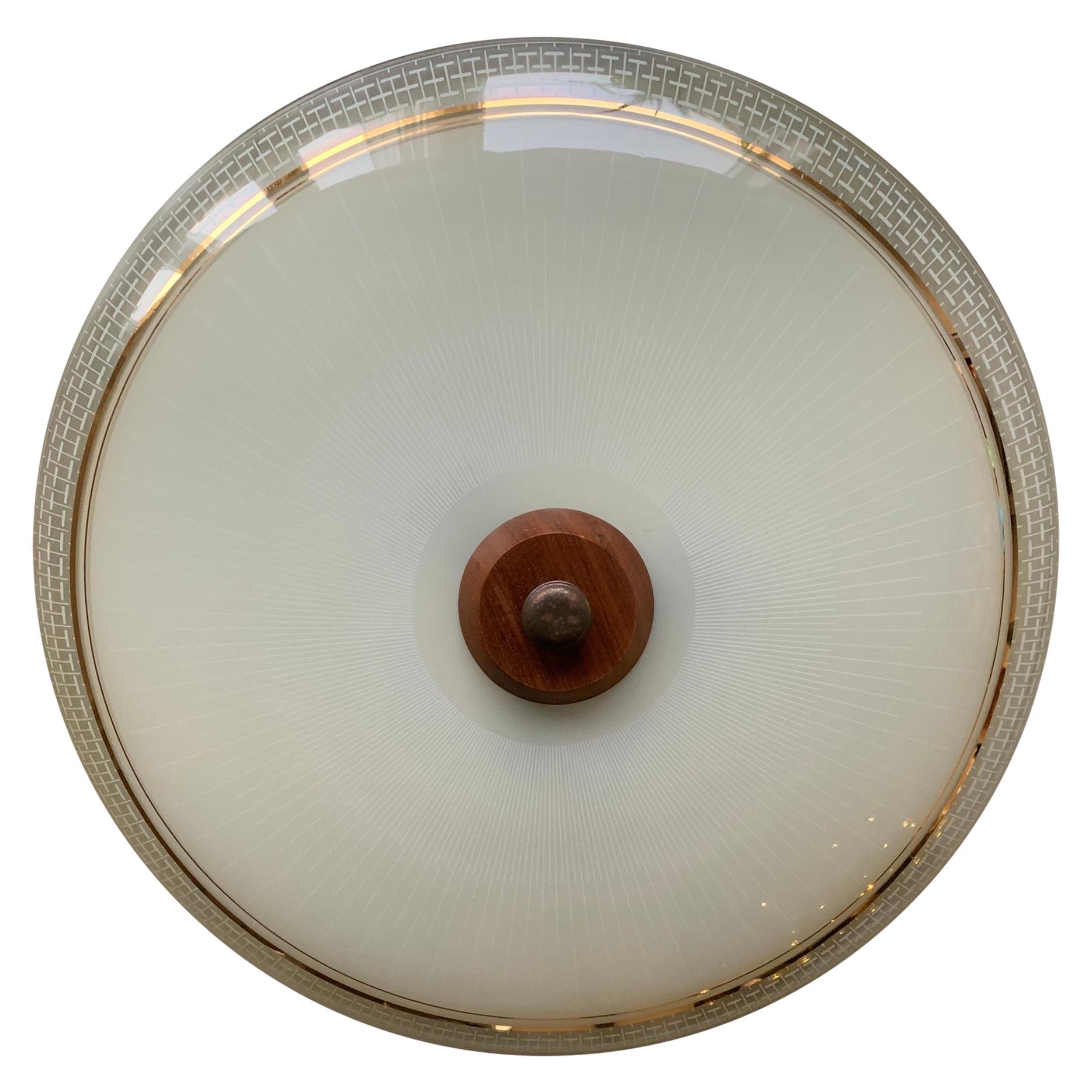Beautifully decorated and colorful light fixture from the European midcentury era.

This Mid-Century Modern work of (lighting) art is another one of our recent, wonderful finds. As you can see, the sleek and slightly curved, glass shade comes with a