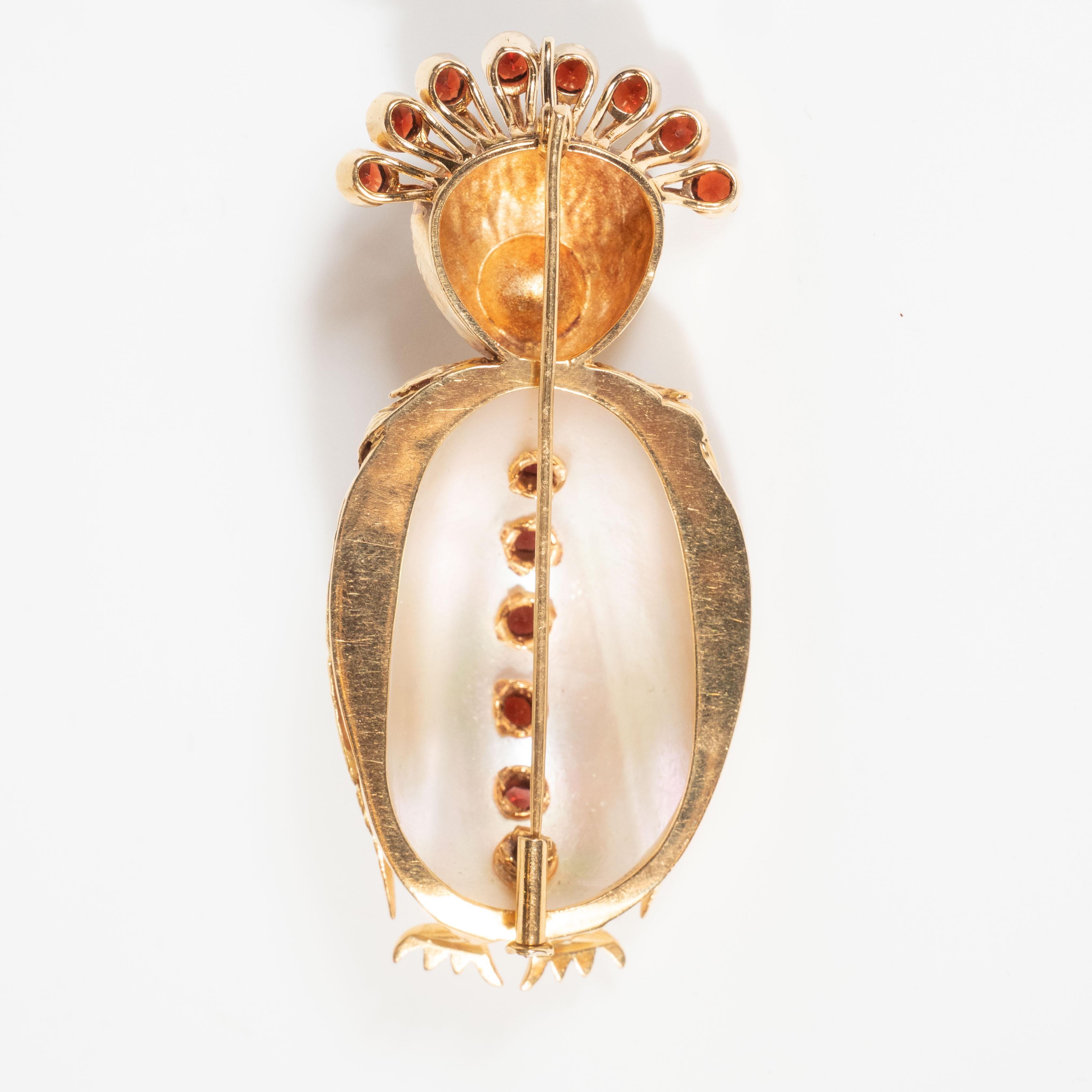 Midcentury Modernist Freshwater Pearl Garnet Gold Owl For Sale 5