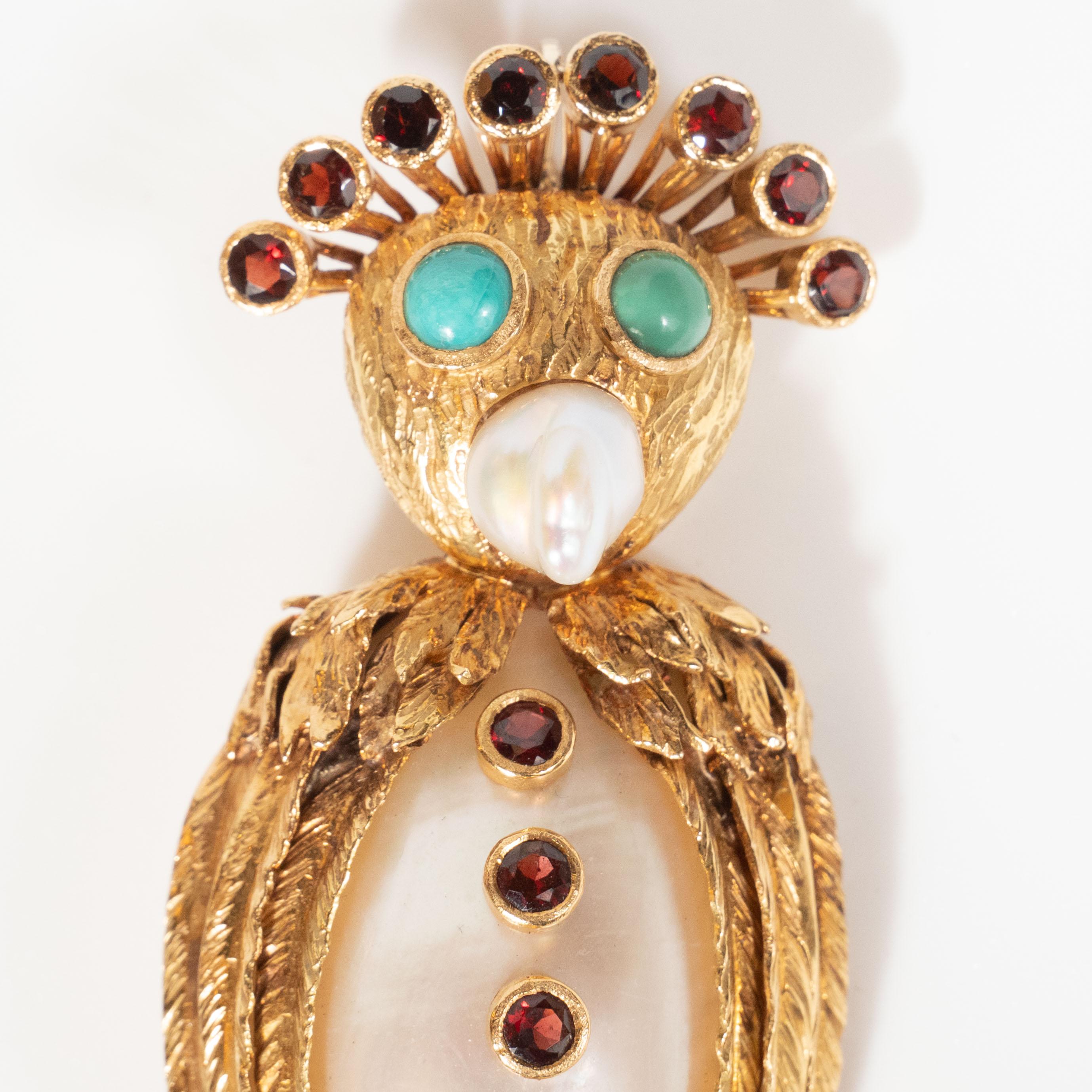 Single Cut Midcentury Modernist Freshwater Pearl Garnet Gold Owl For Sale