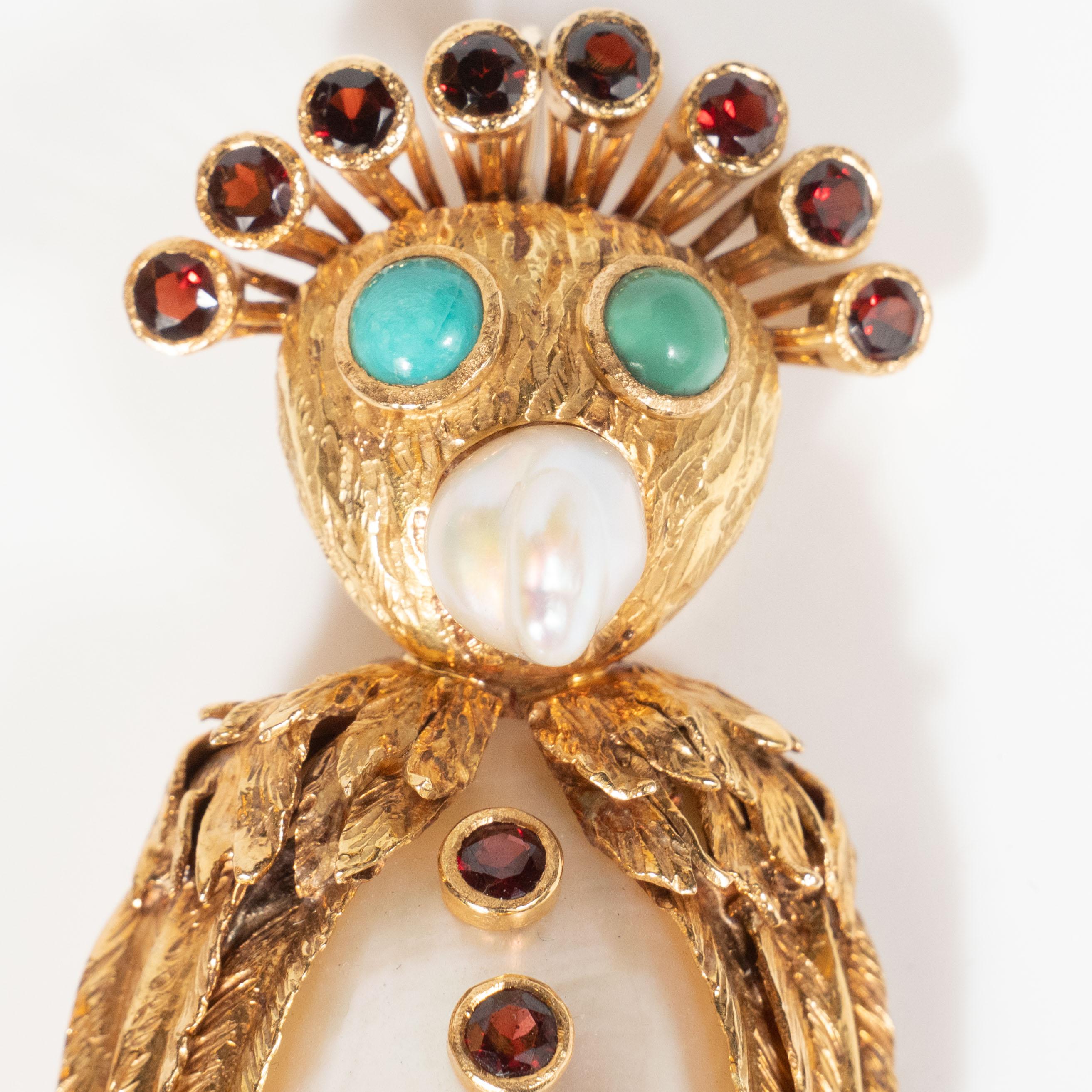 Women's Midcentury Modernist Freshwater Pearl Garnet Gold Owl For Sale