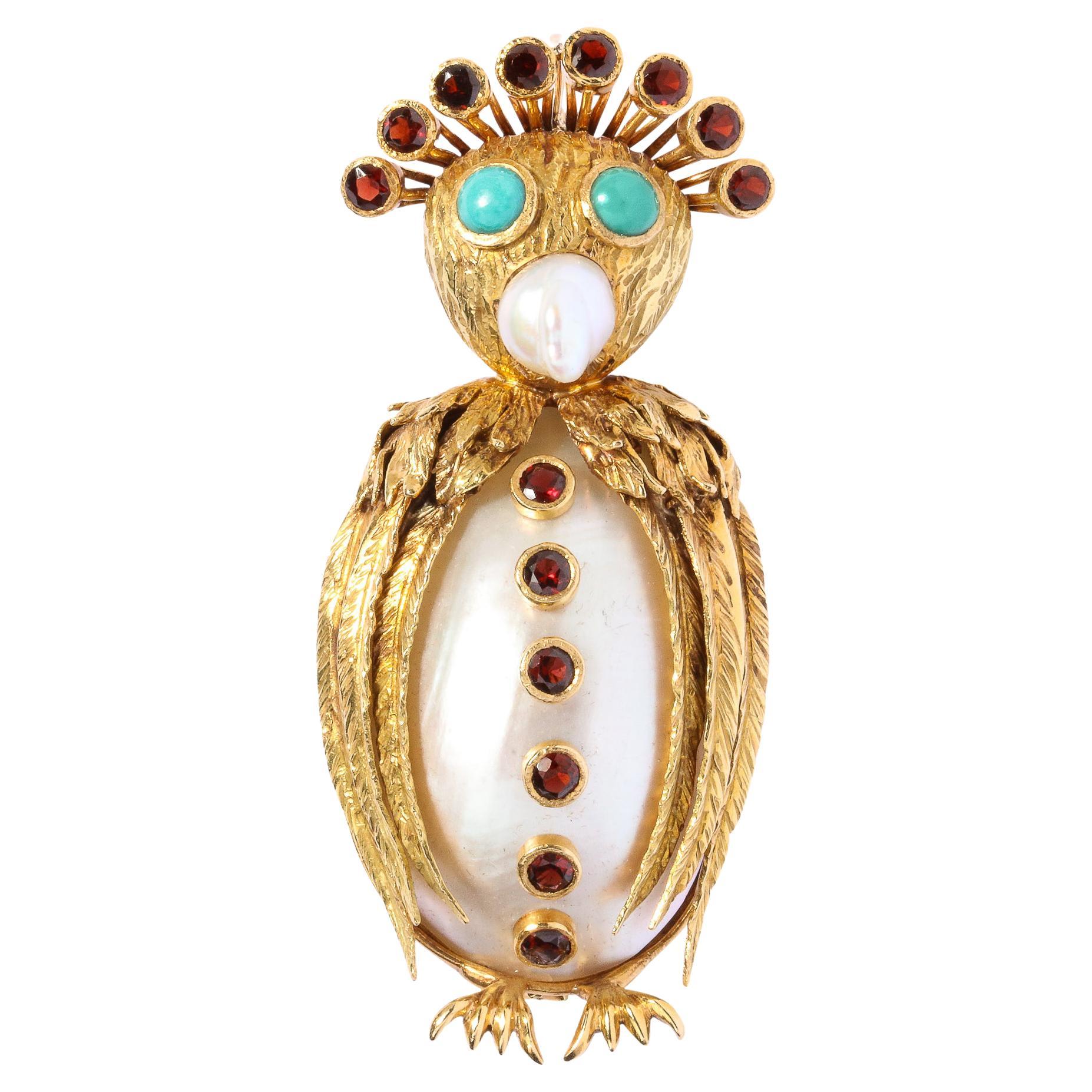 Midcentury Modernist Freshwater Pearl Garnet Gold Owl For Sale