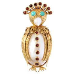Vintage Midcentury Modernist Freshwater Pearl Garnet Gold Owl