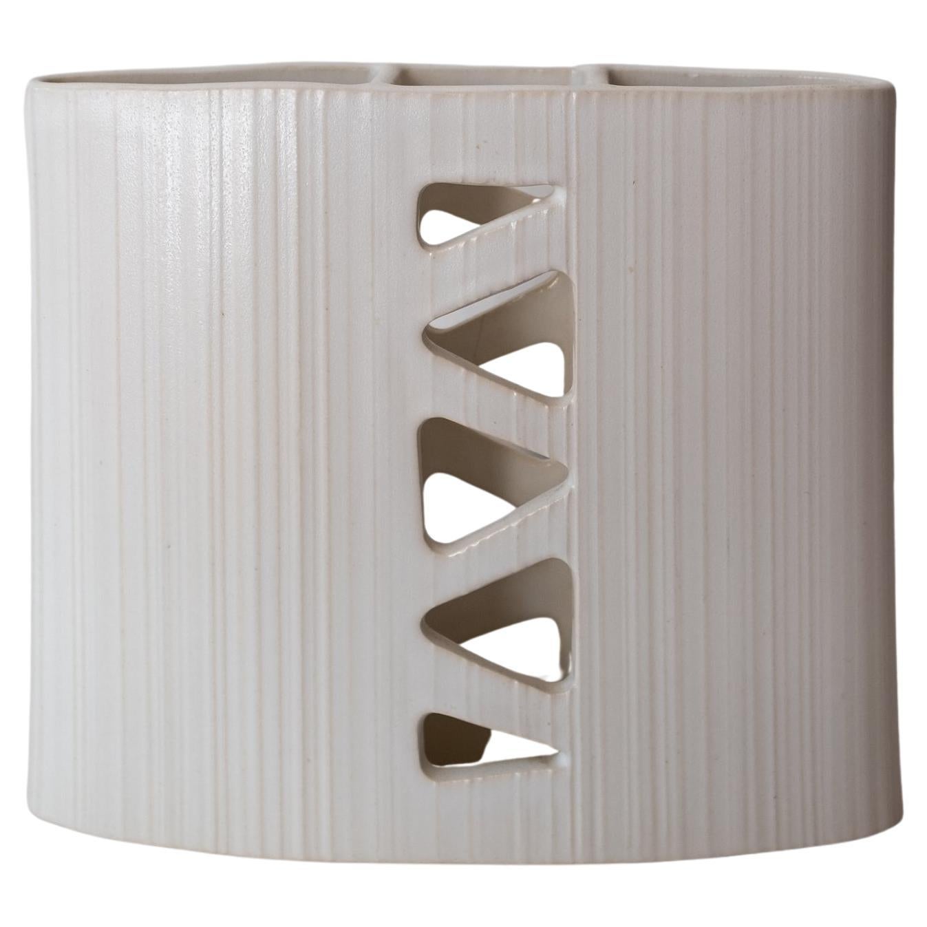 1960s Vintage Japanese Modernist Striped Ceramic Ikebana Pedestal Vase