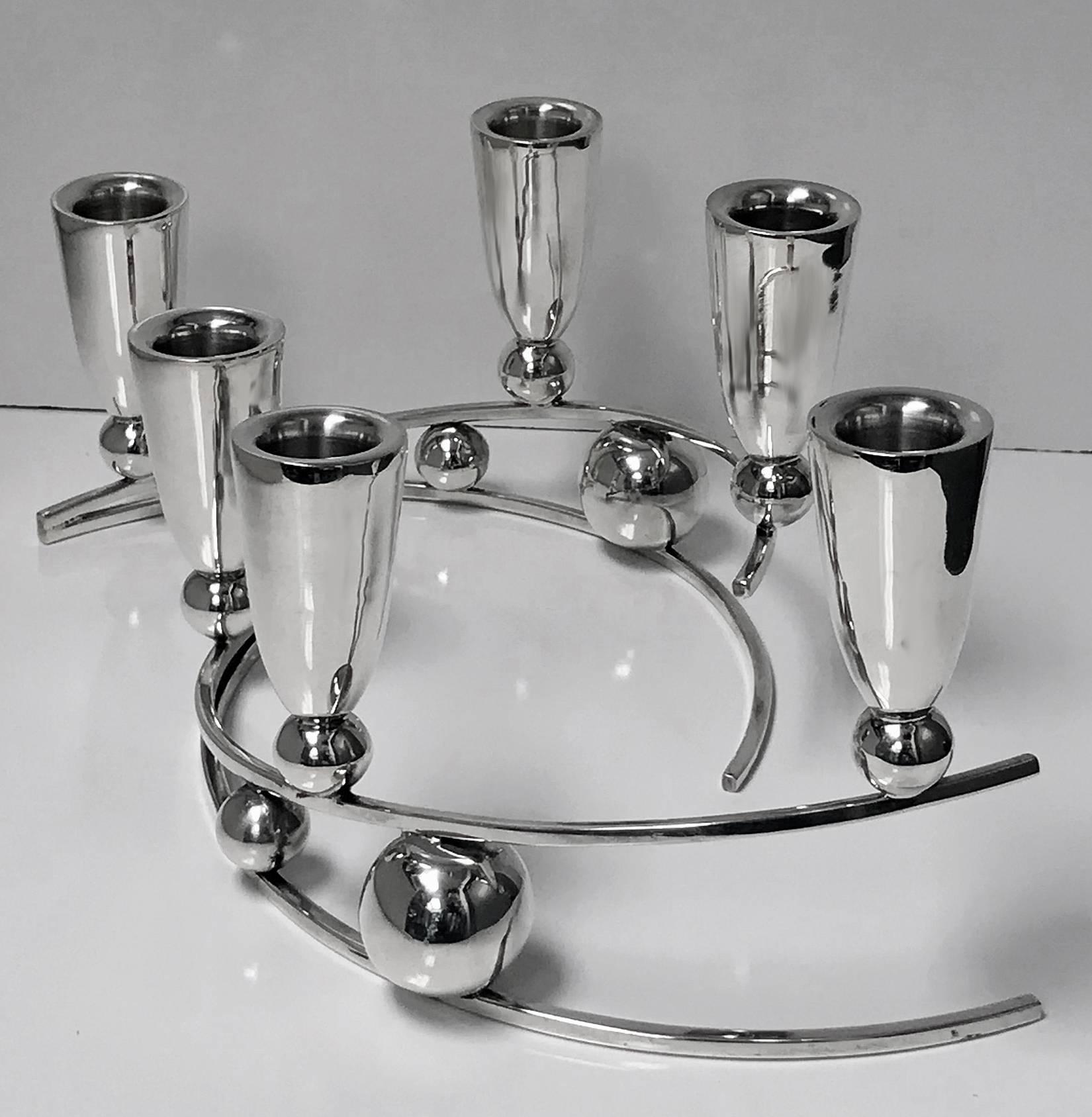 Midcentury Modernist P Lopez Sterling Candelabra Candlesticks Mexico, circa 1950 In Good Condition In Toronto, Ontario