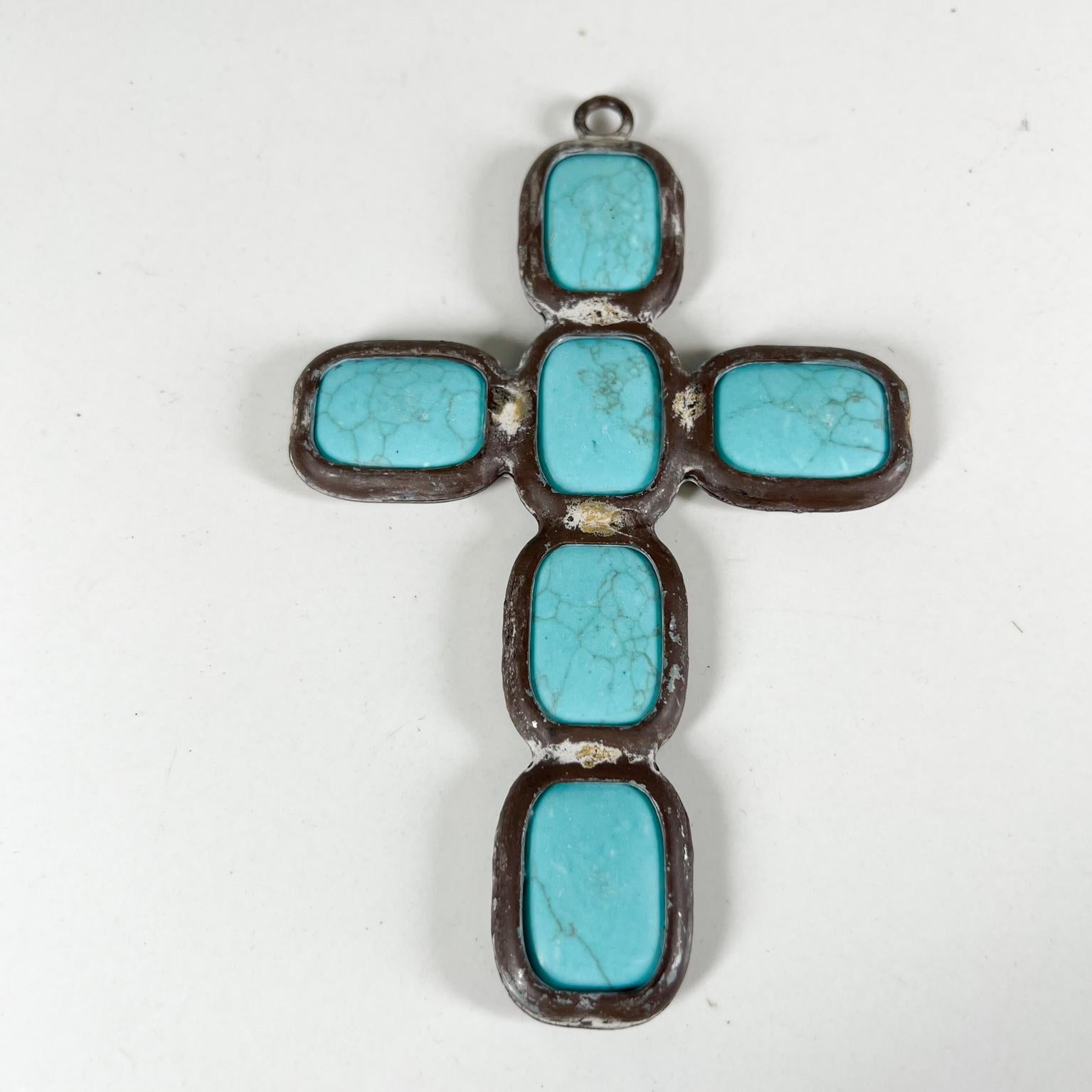 Modernist Vintage Beaded Turquoise Blue Cross Pendant Ornament 1