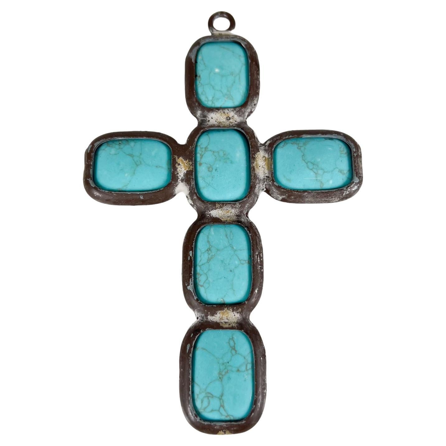 Modernist Vintage Beaded Turquoise Blue Cross Pendant Ornament