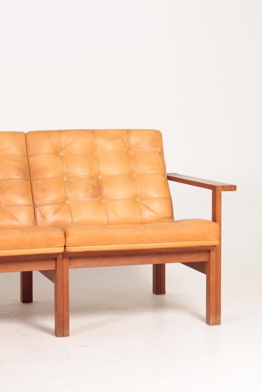 Teak Midcentury Moduline Sofa in Patinated Leather by Gerlev Knudsen and Torben Lind