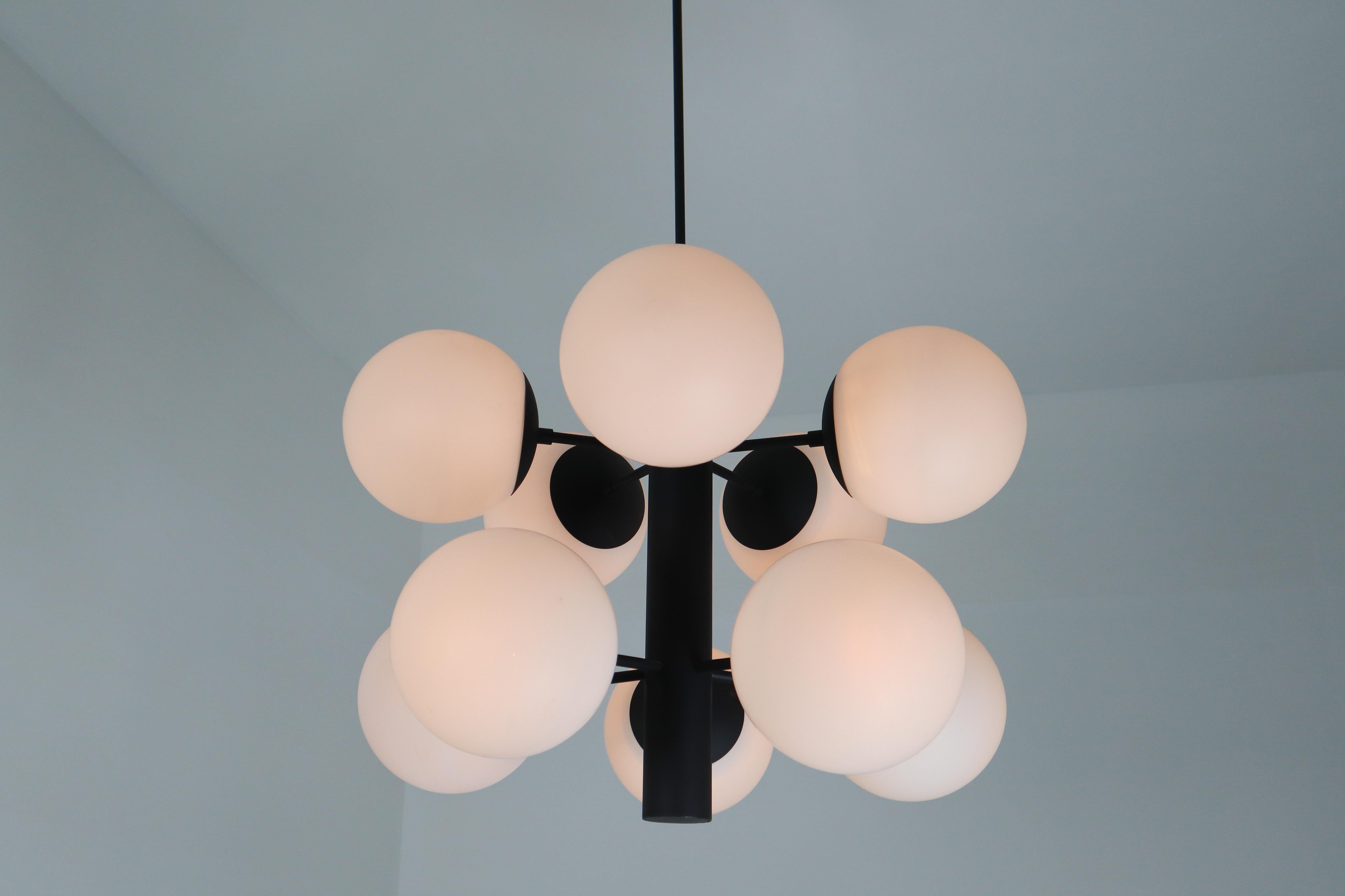 Midcentury Molecular Structure Chandeliers with Ten Hand Blown Opal Glass Globes 3