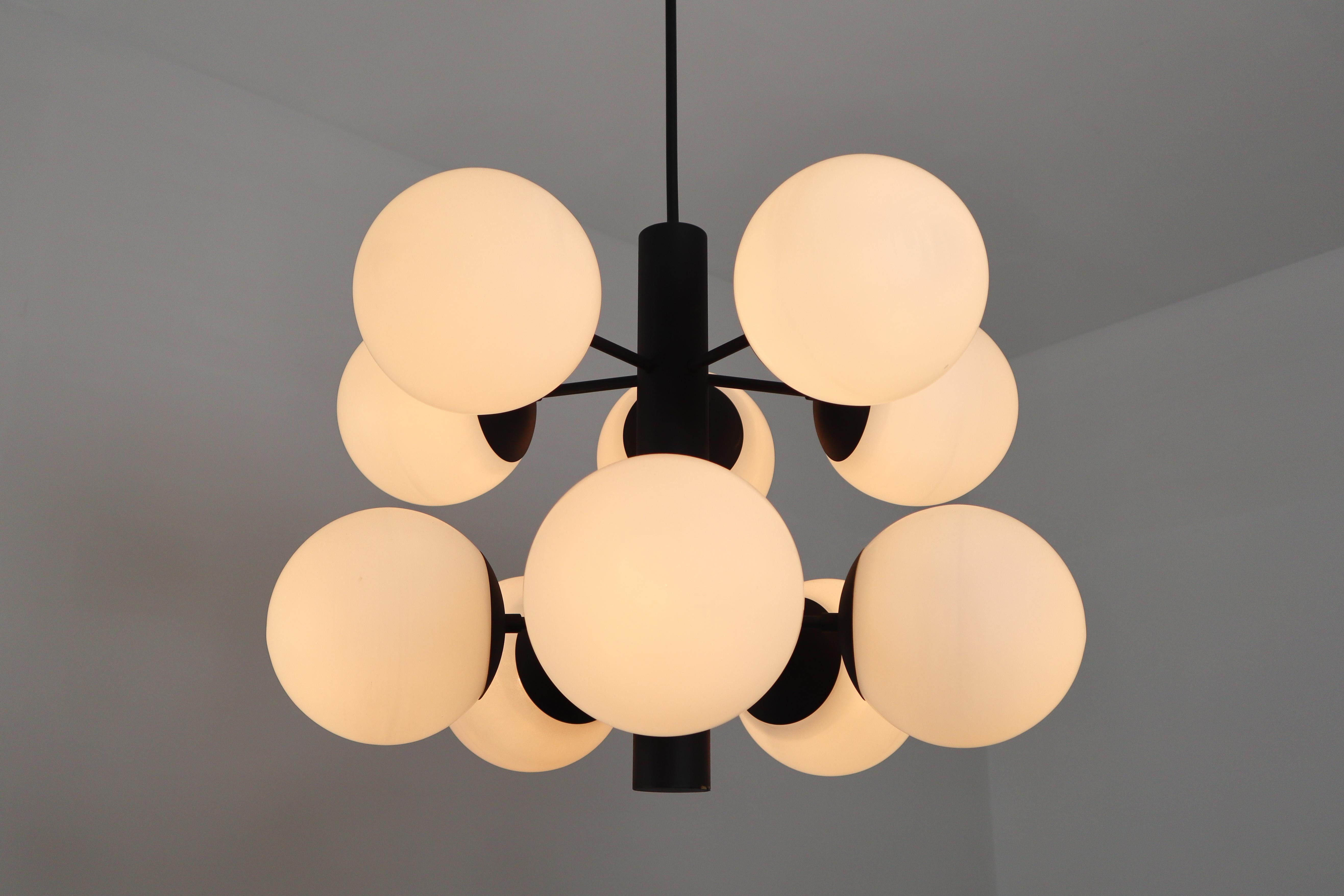 Mid-Century Modern Midcentury Molecular Structure Chandeliers with Ten Hand Blown Opal Glass Globes