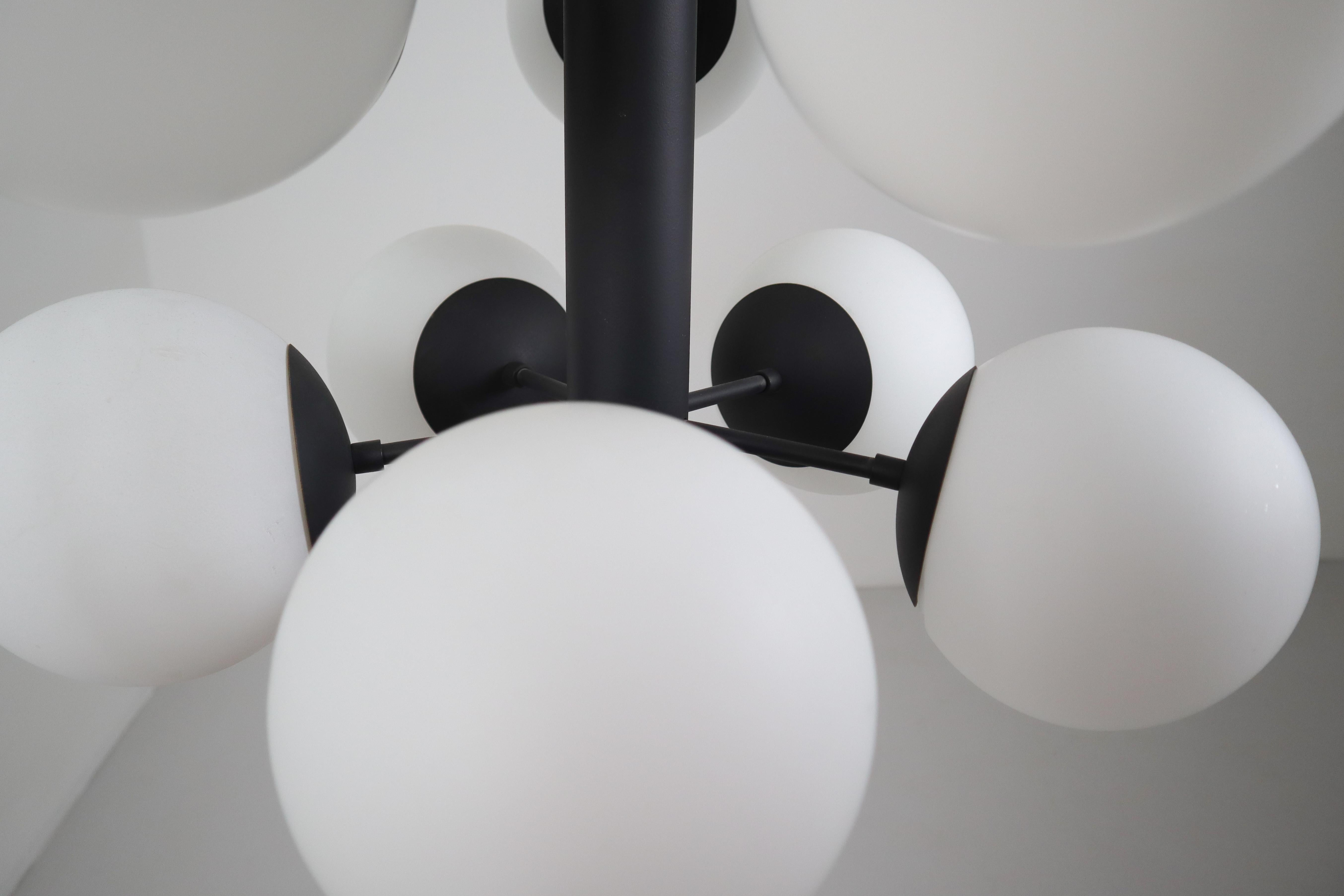 German Midcentury Molecular Structure Chandeliers with Ten Hand Blown Opal Glass Globes