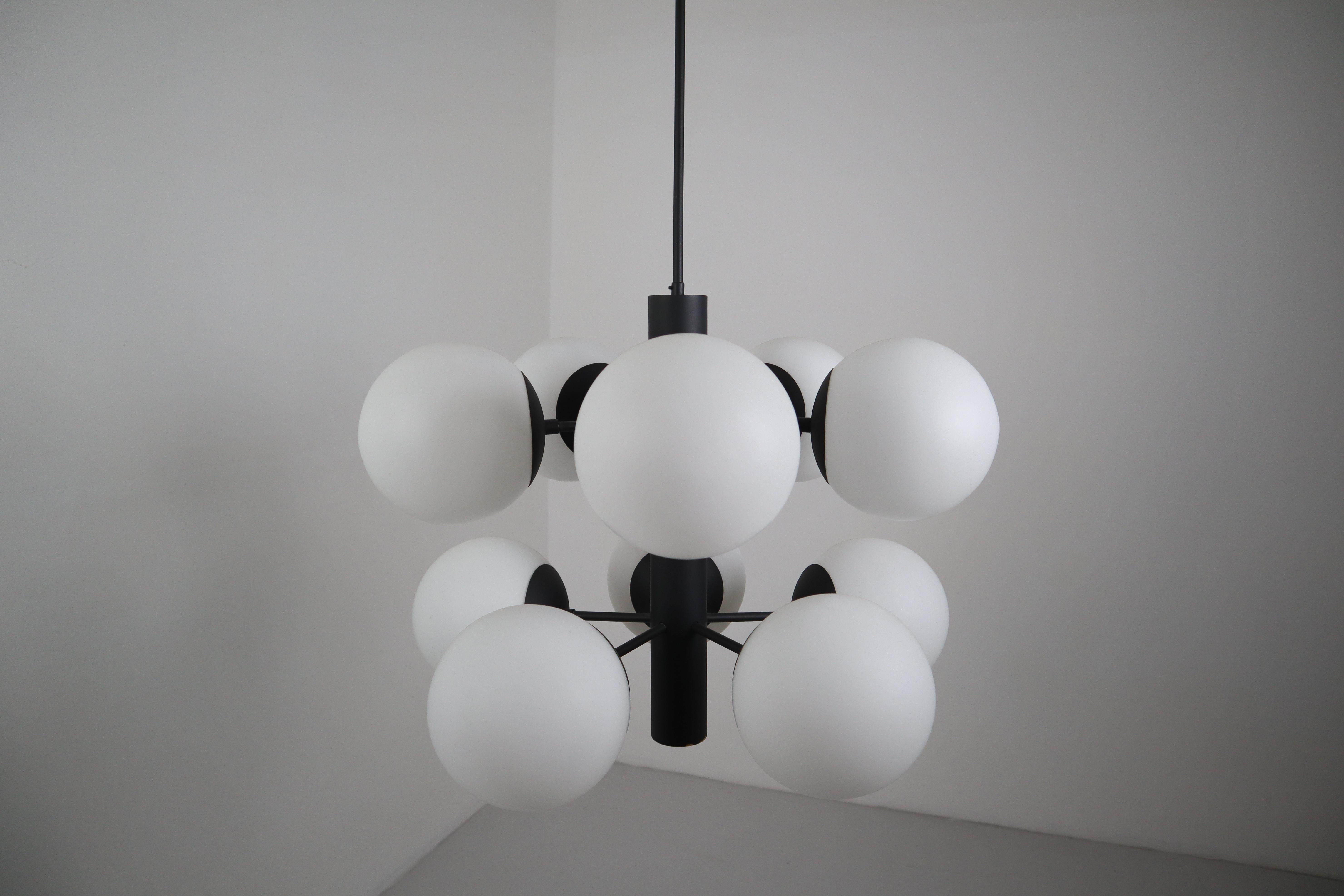 Midcentury Molecular Structure Chandeliers with Ten Hand Blown Opal Glass Globes In Good Condition In Almelo, NL