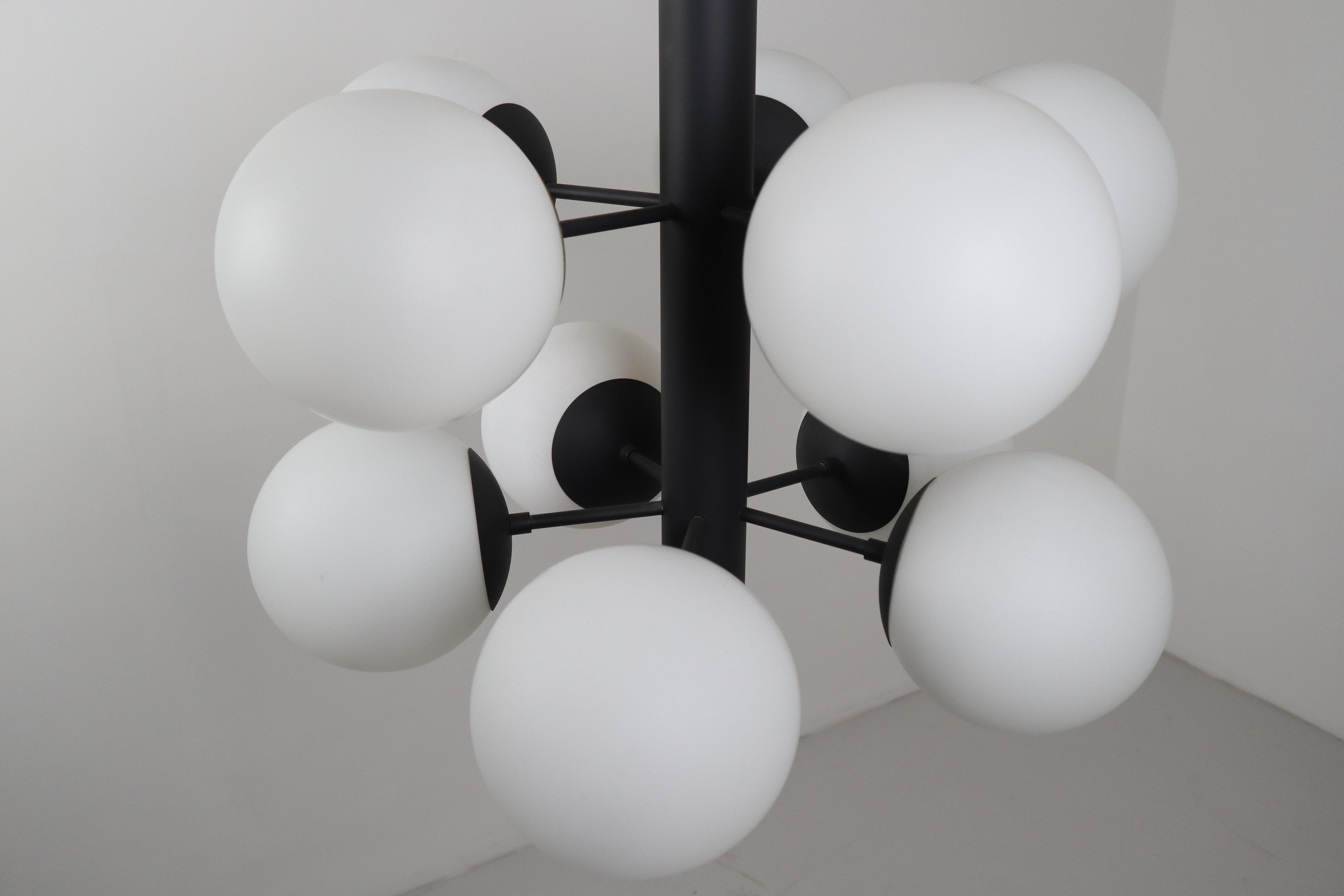 Mid-20th Century Midcentury Molecular Structure Chandeliers with Ten Hand Blown Opal Glass Globes