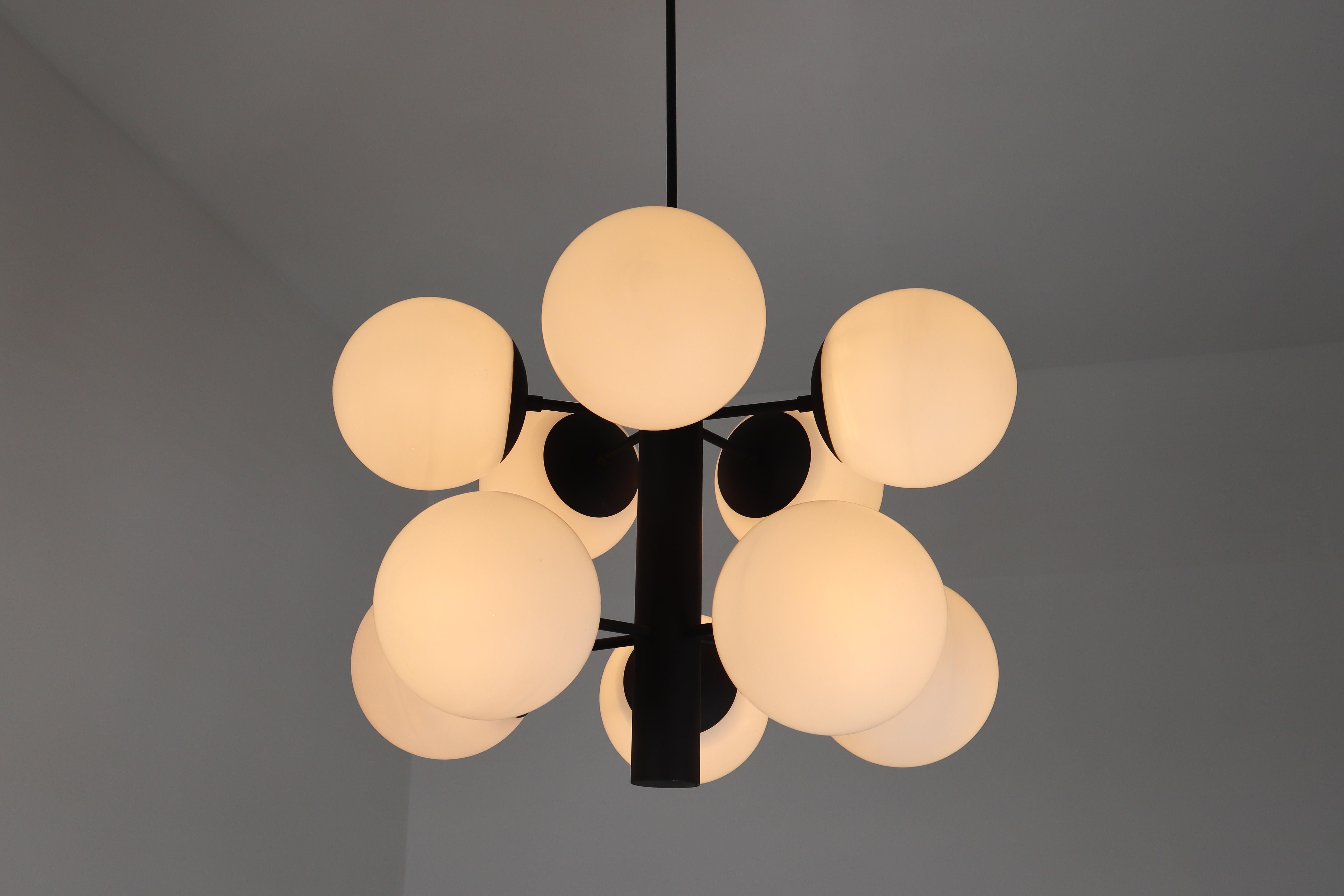 Midcentury Molecular Structure Chandeliers with Ten Hand Blown Opal Glass Globes 2