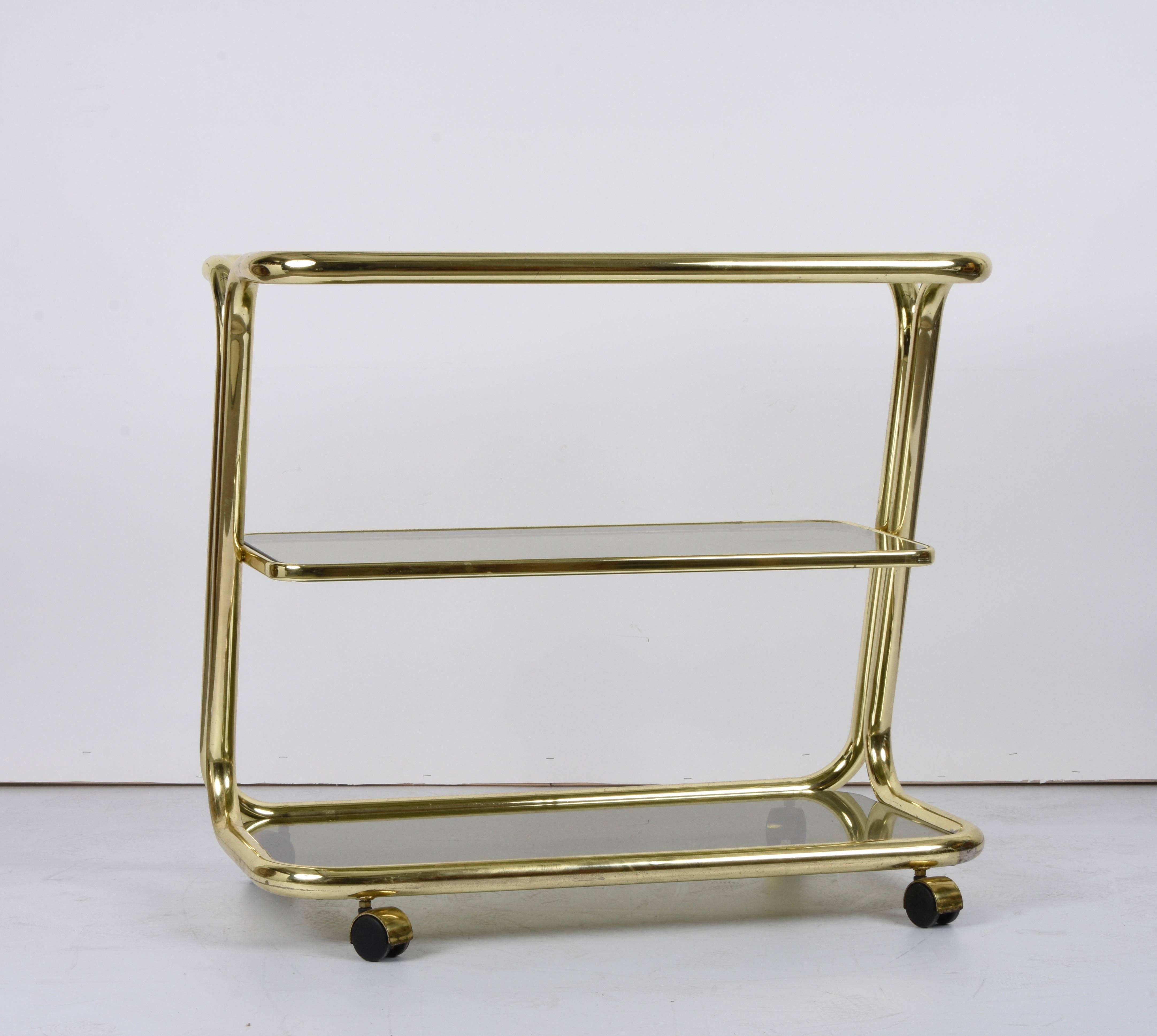 Midcentury Morex Three Levels Brass and Smoked Glass Italian Bar Cart, 1970s 5