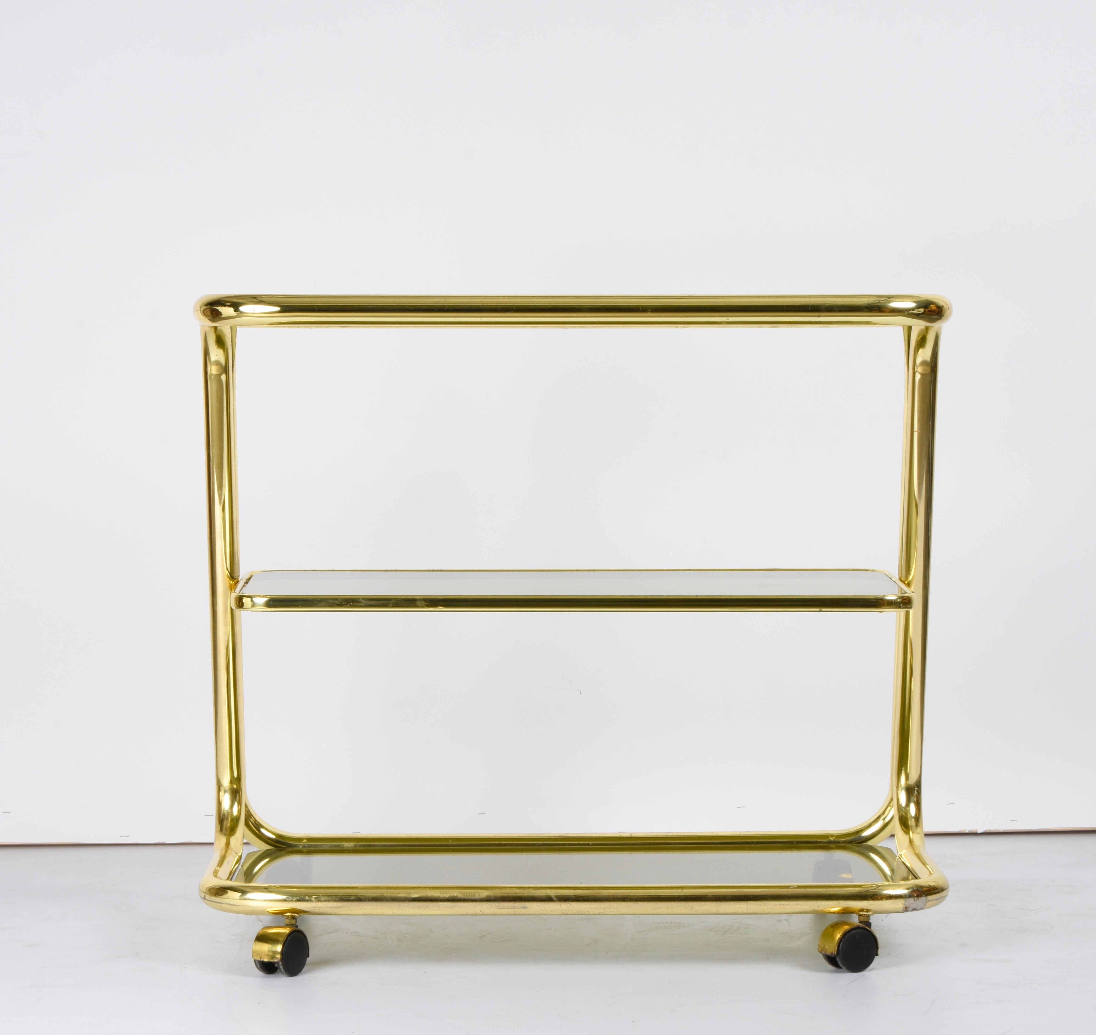 Midcentury Morex Three Levels Brass and Smoked Glass Italian Bar Cart, 1970s 6