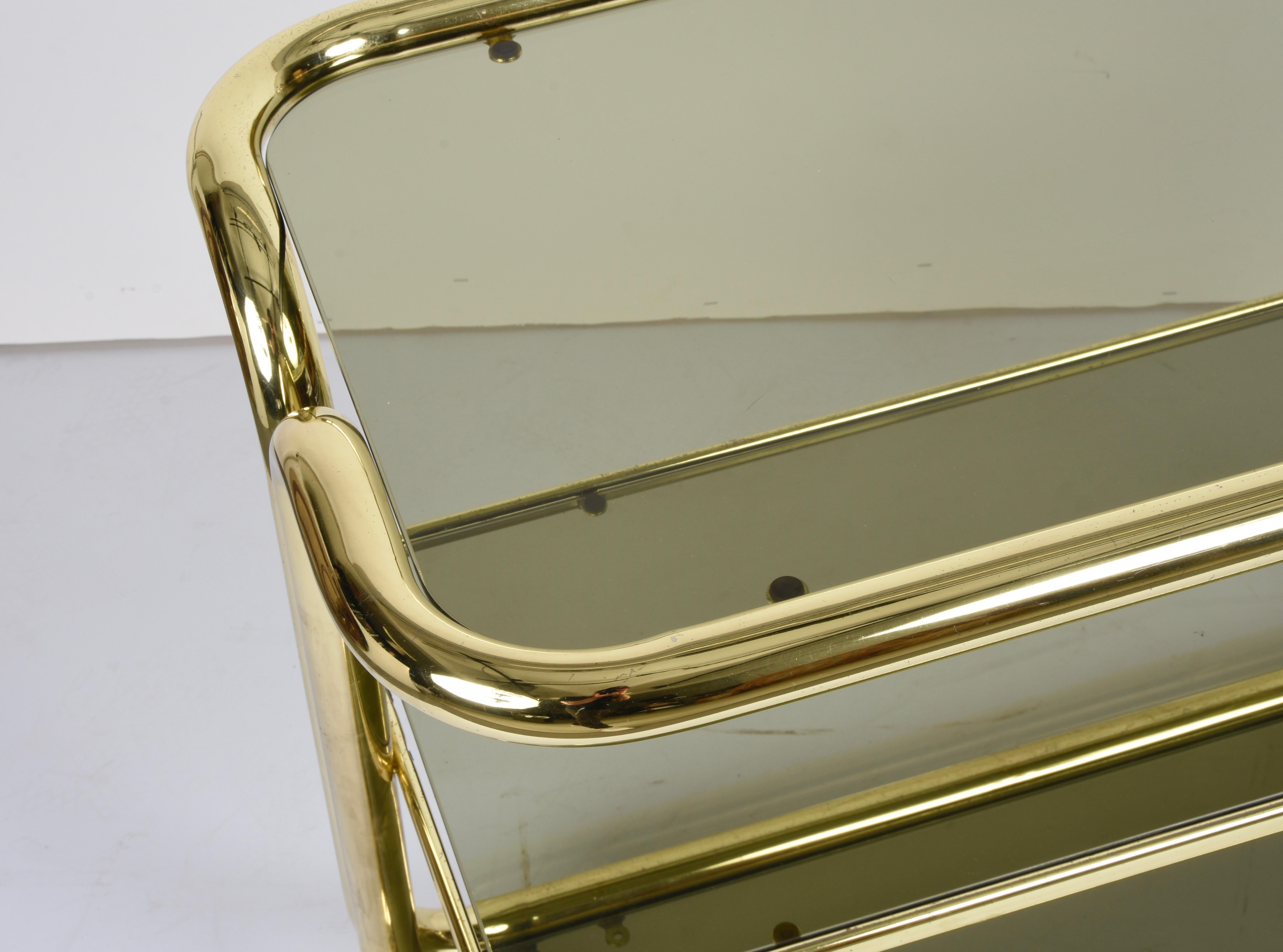 Midcentury Morex Three Levels Brass and Smoked Glass Italian Bar Cart, 1970s For Sale 7