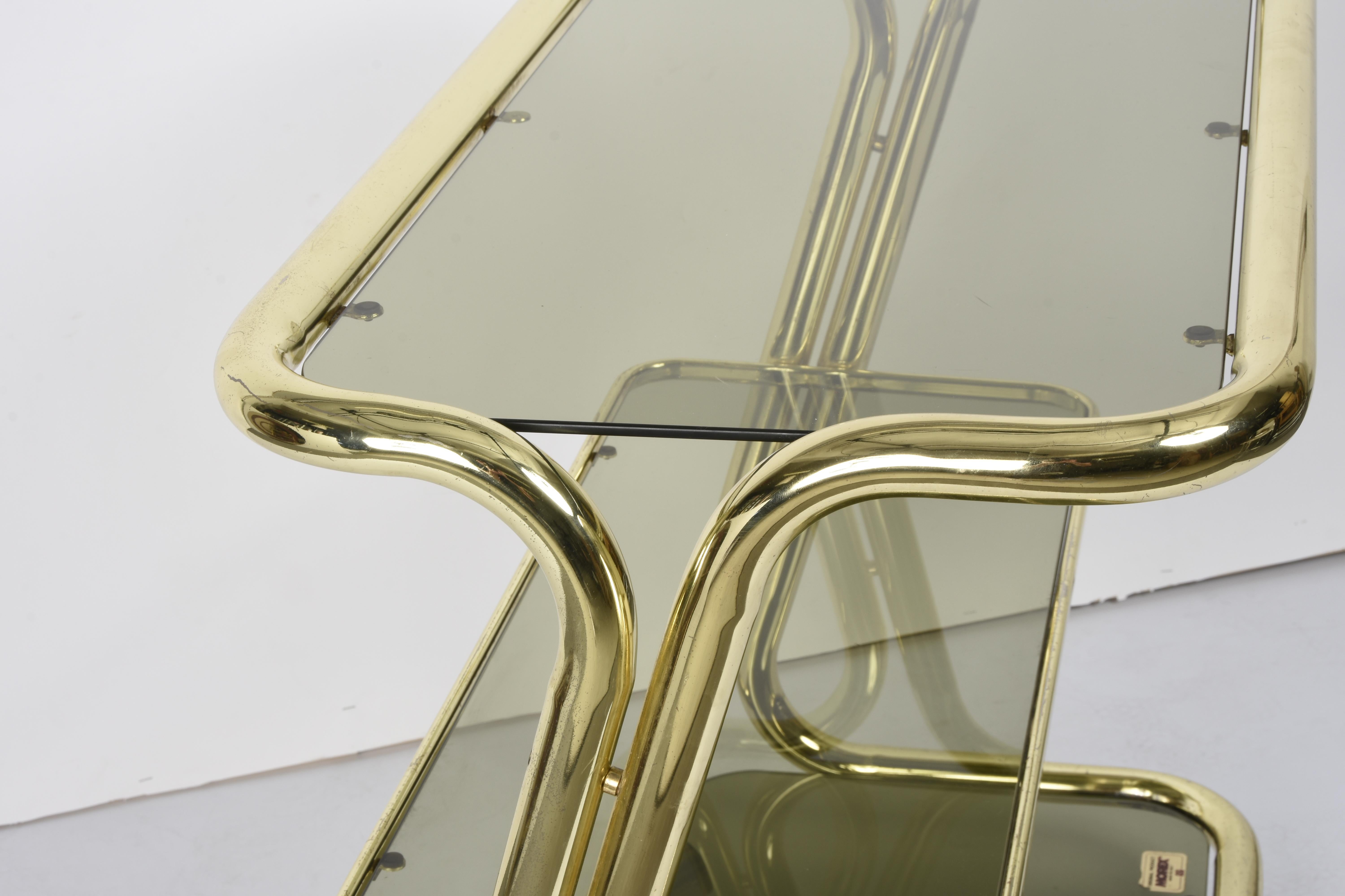 Midcentury Morex Three Levels Brass and Smoked Glass Italian Bar Cart, 1970s 8