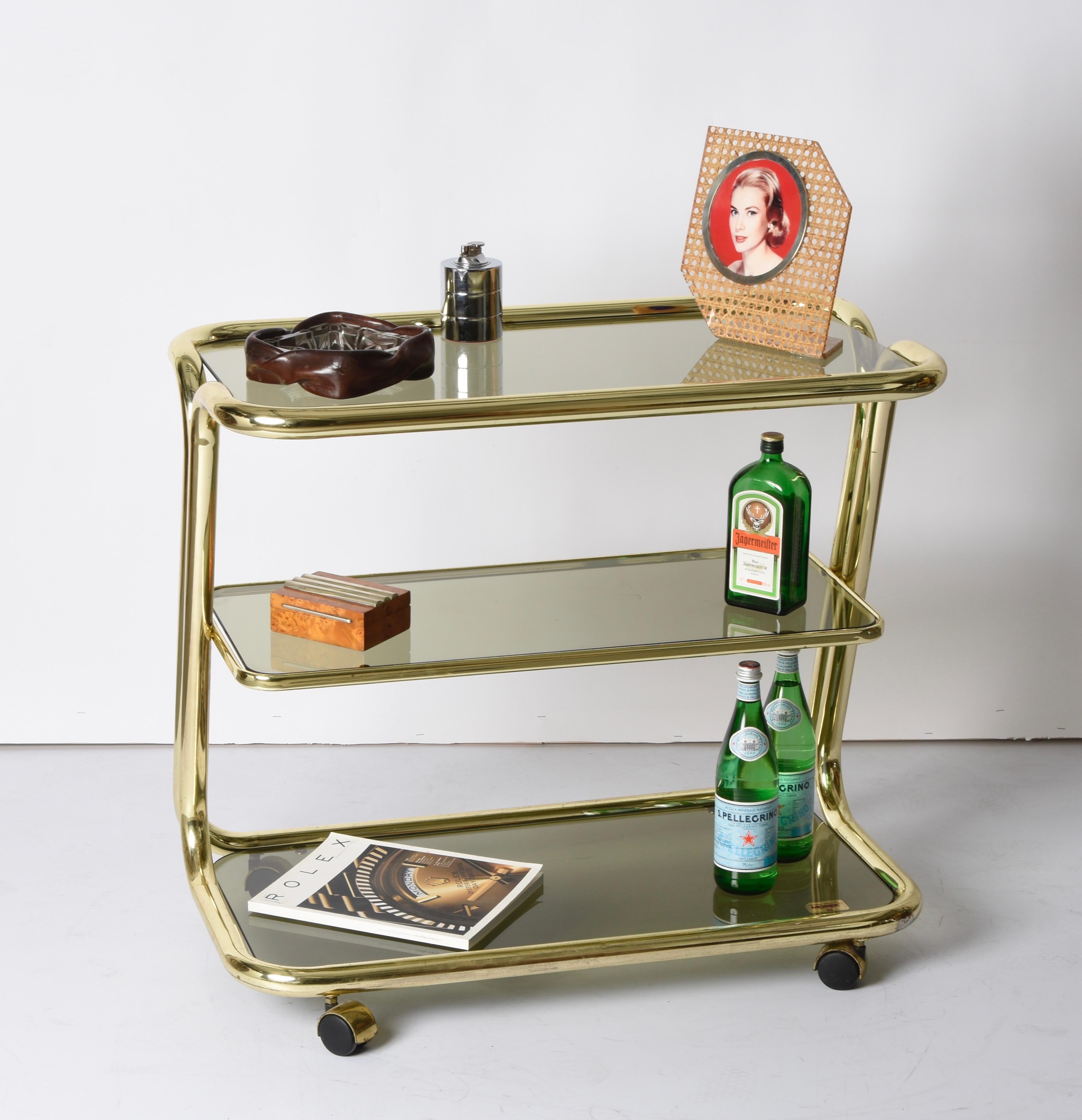 Midcentury Morex Three Levels Brass and Smoked Glass Italian Bar Cart, 1970s For Sale 11