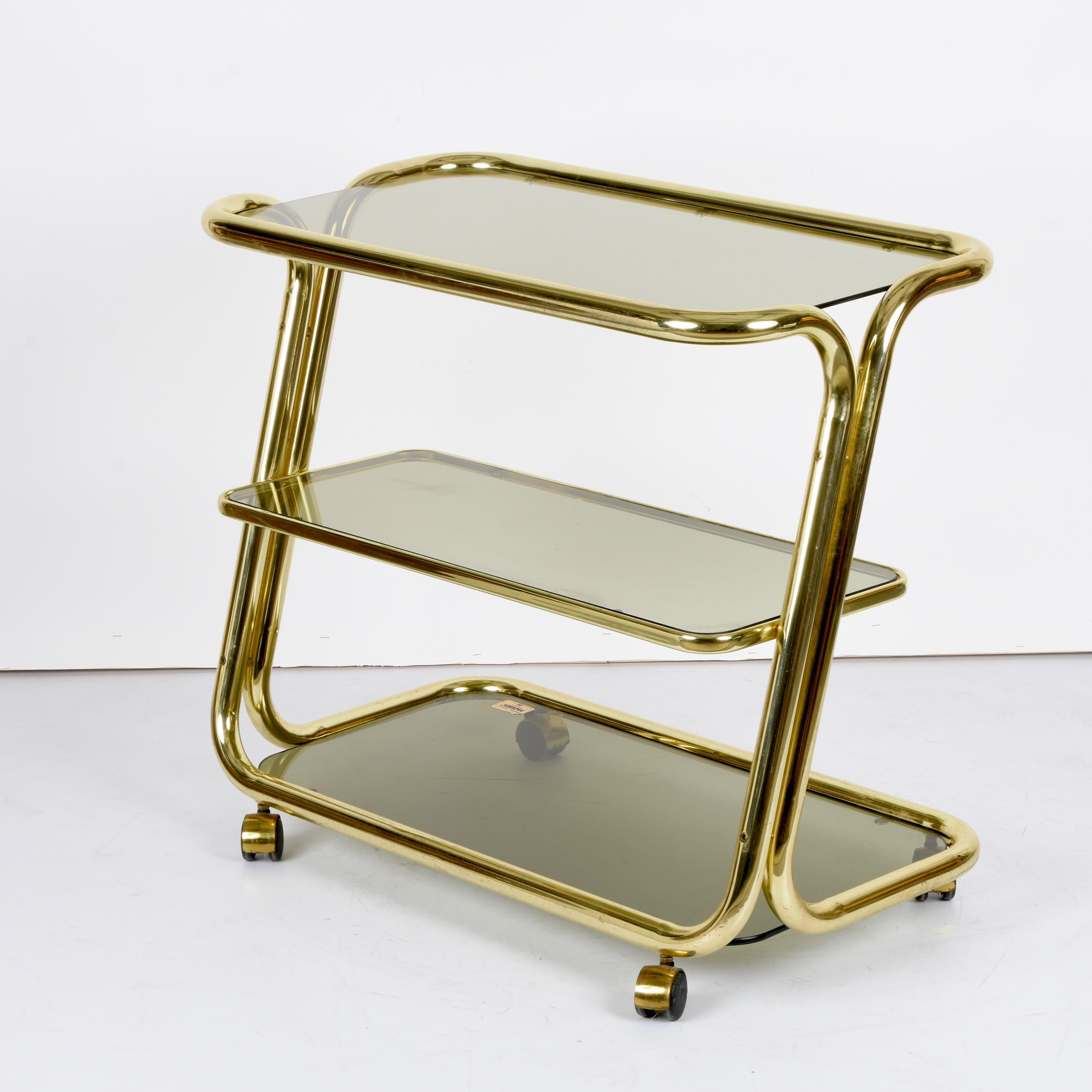 Mid-Century Modern Midcentury Morex Three Levels Brass and Smoked Glass Italian Bar Cart, 1970s For Sale