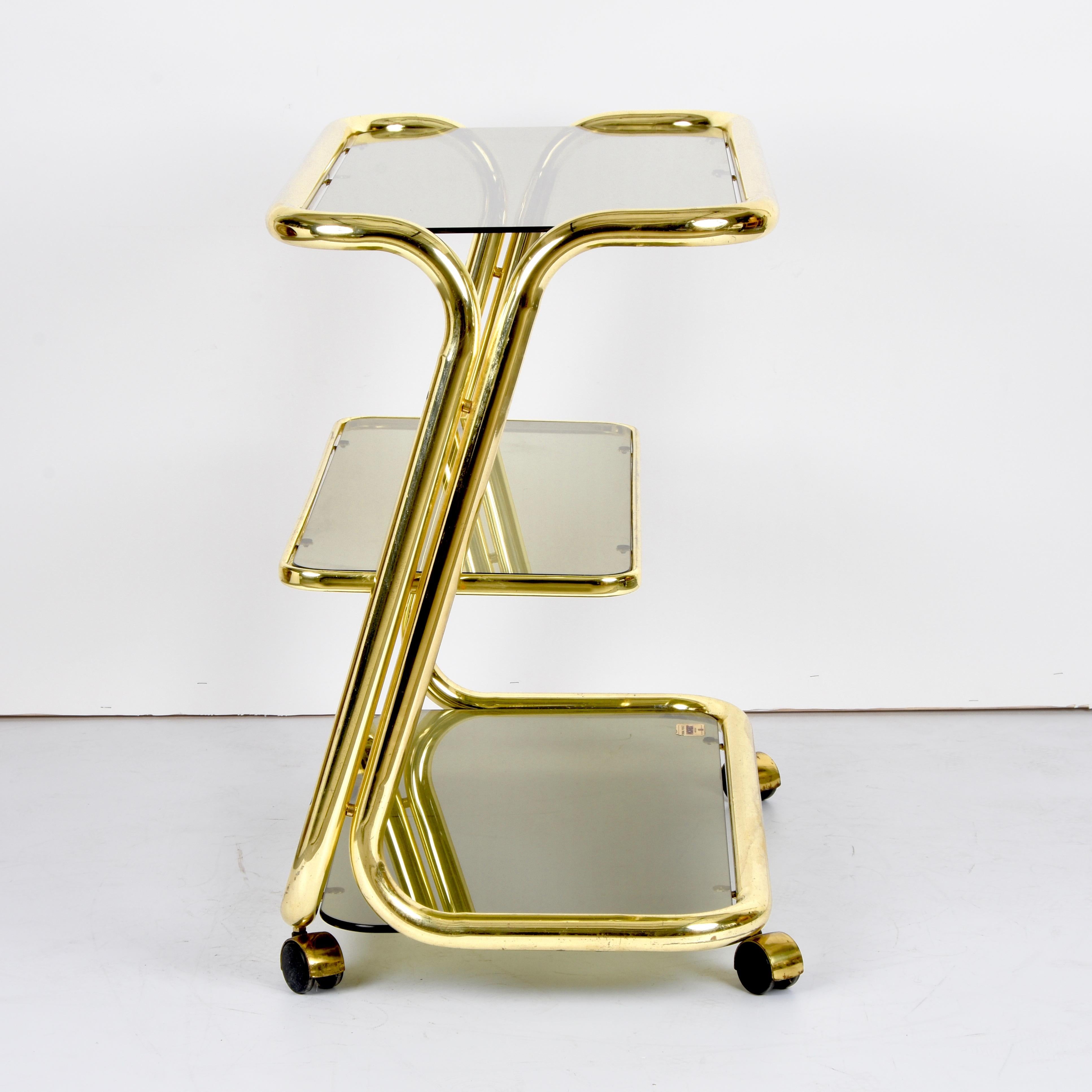 Midcentury Morex Three Levels Brass and Smoked Glass Italian Bar Cart, 1970s In Good Condition For Sale In Roma, IT