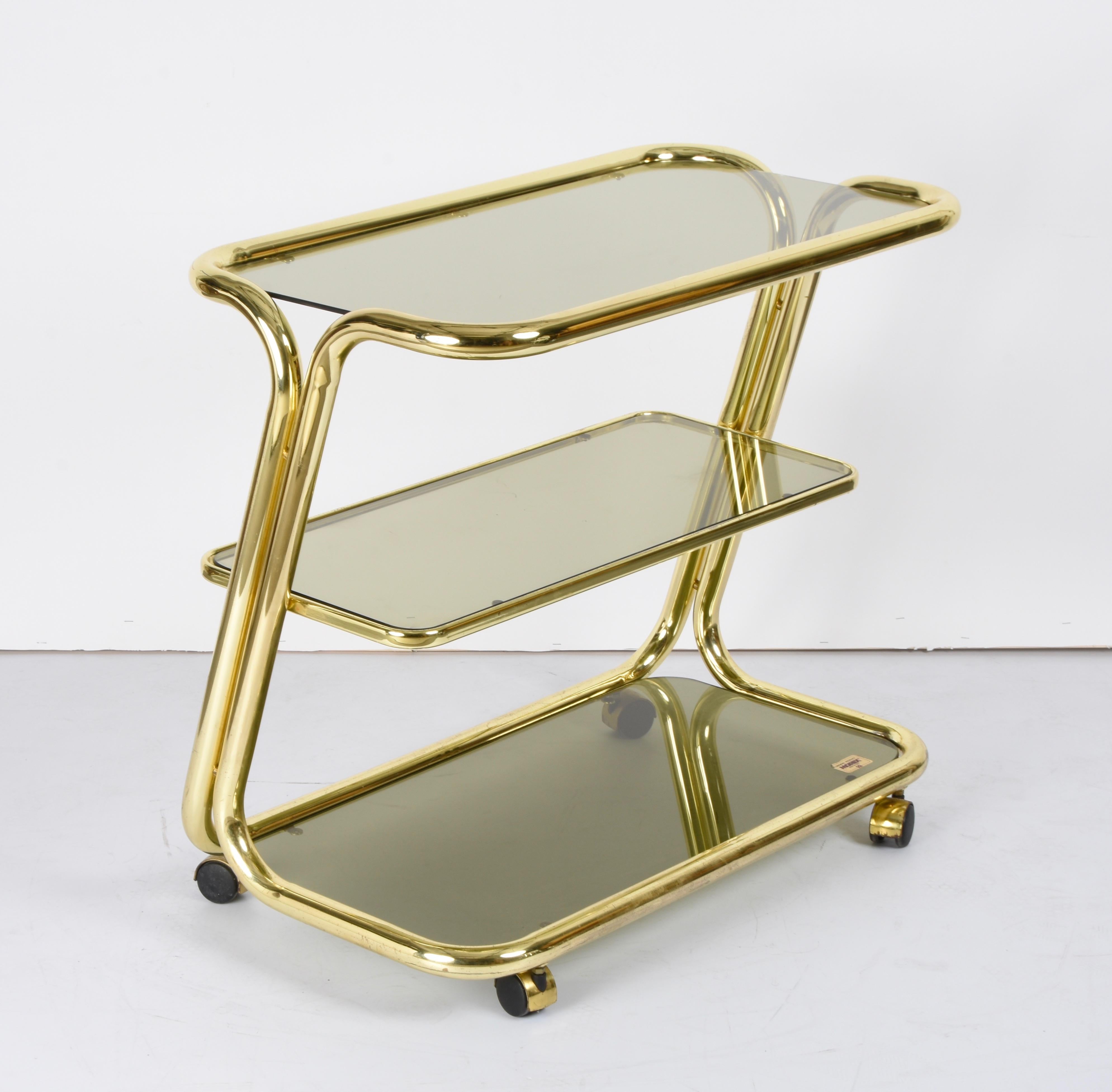 20th Century Midcentury Morex Three Levels Brass and Smoked Glass Italian Bar Cart, 1970s For Sale