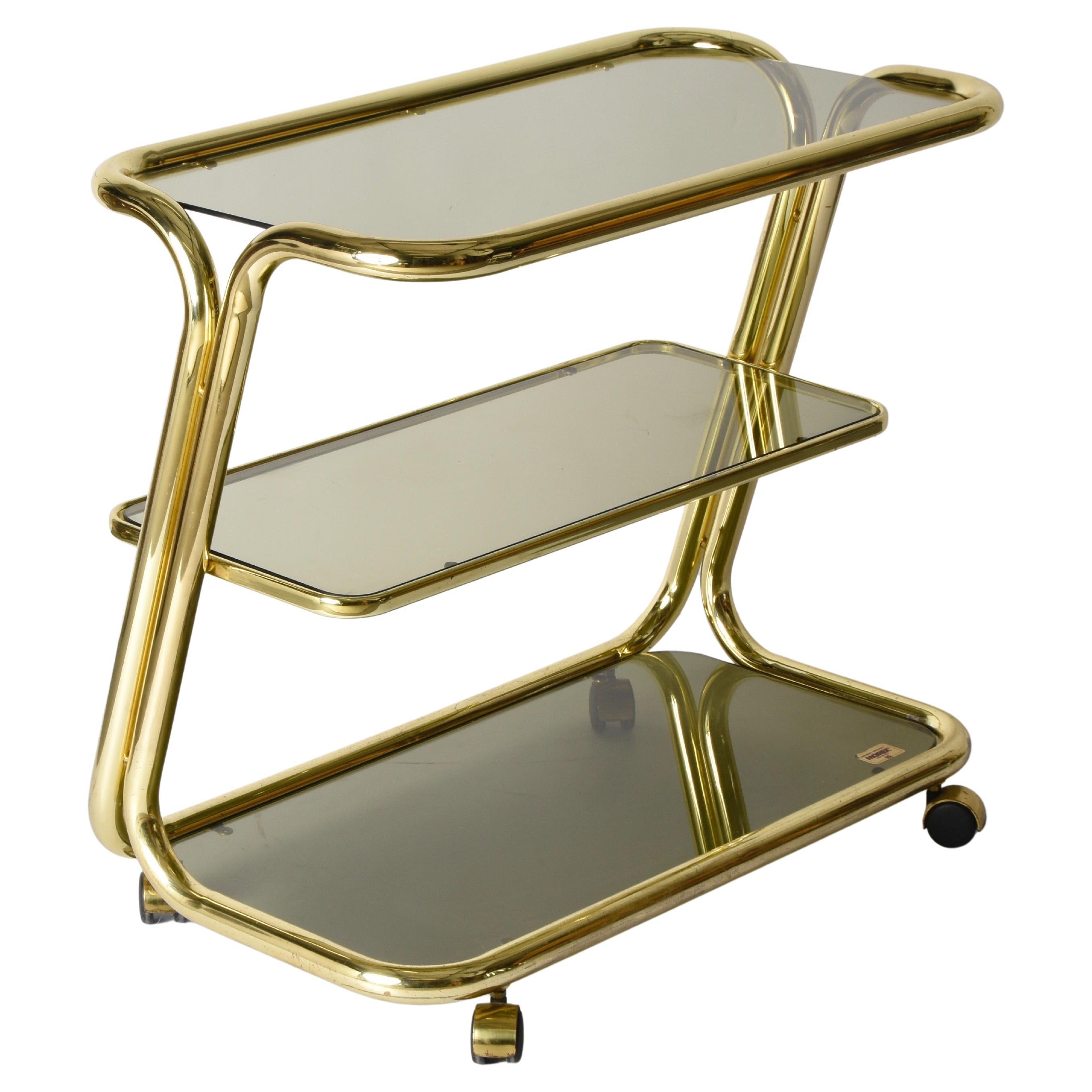 Midcentury Morex Three Levels Brass and Smoked Glass Italian Bar Cart, 1970s 1