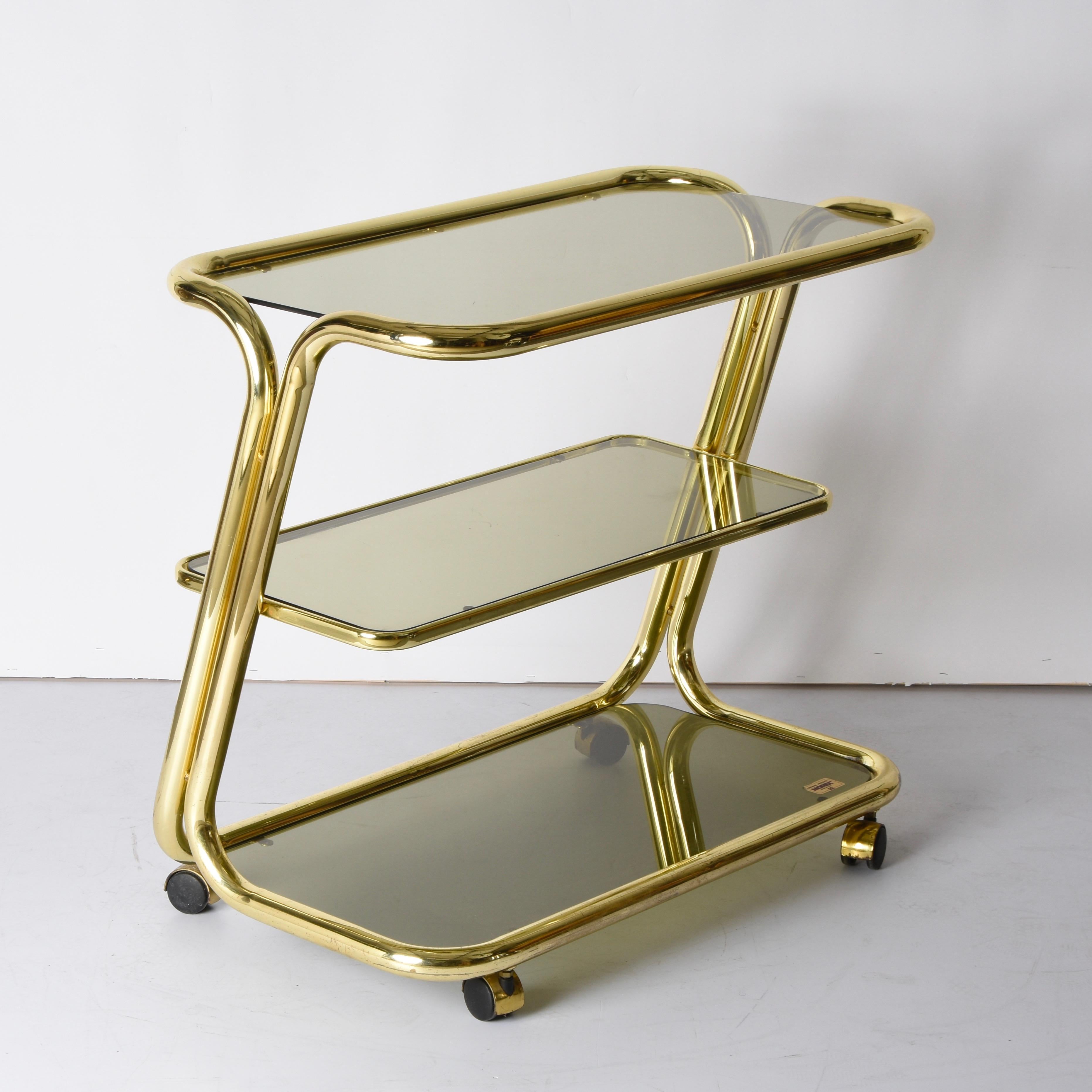 Midcentury Morex Three Levels Brass and Smoked Glass Italian Bar Cart, 1970s 2