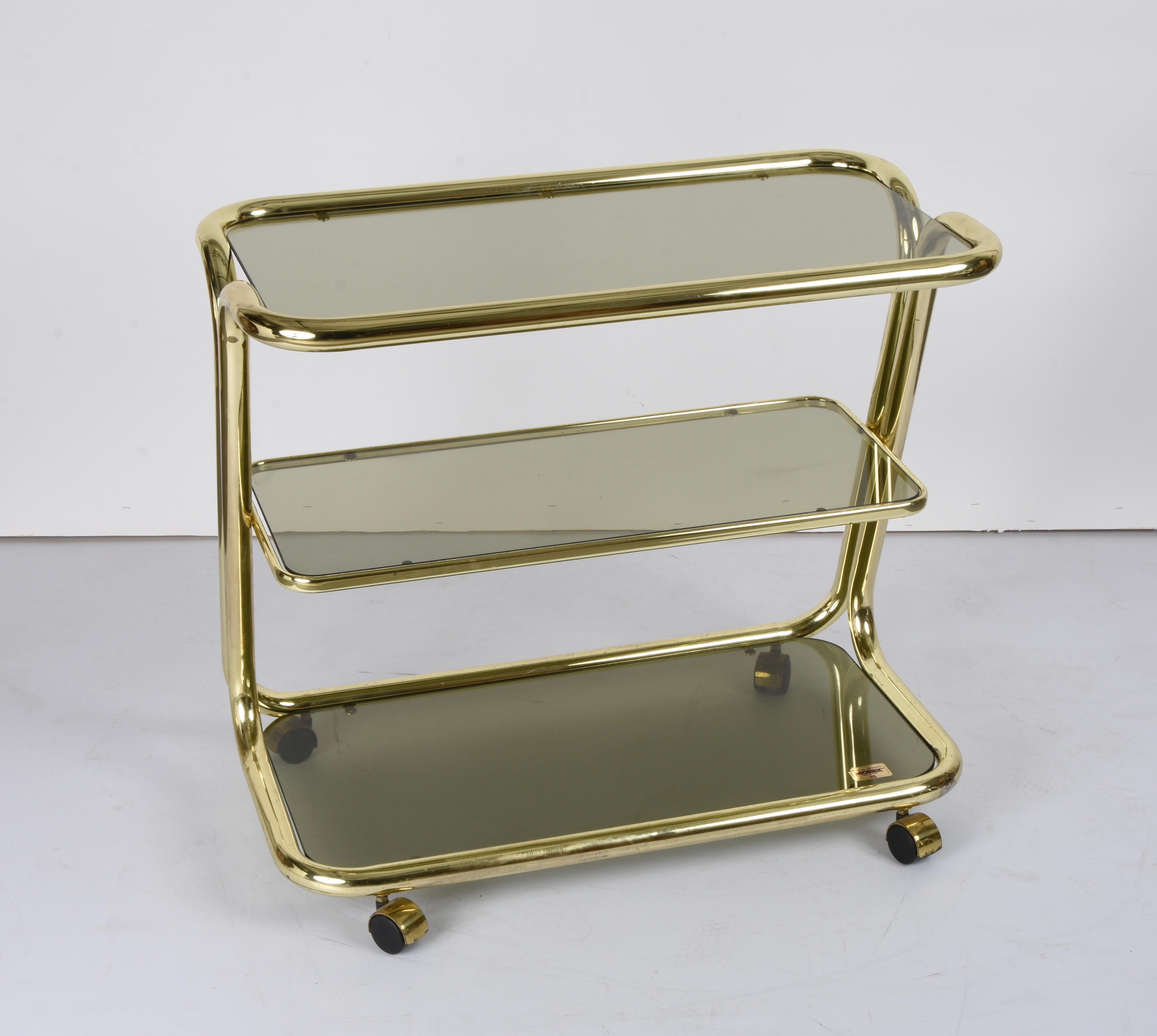 Midcentury Morex Three Levels Brass and Smoked Glass Italian Bar Cart, 1970s For Sale 3