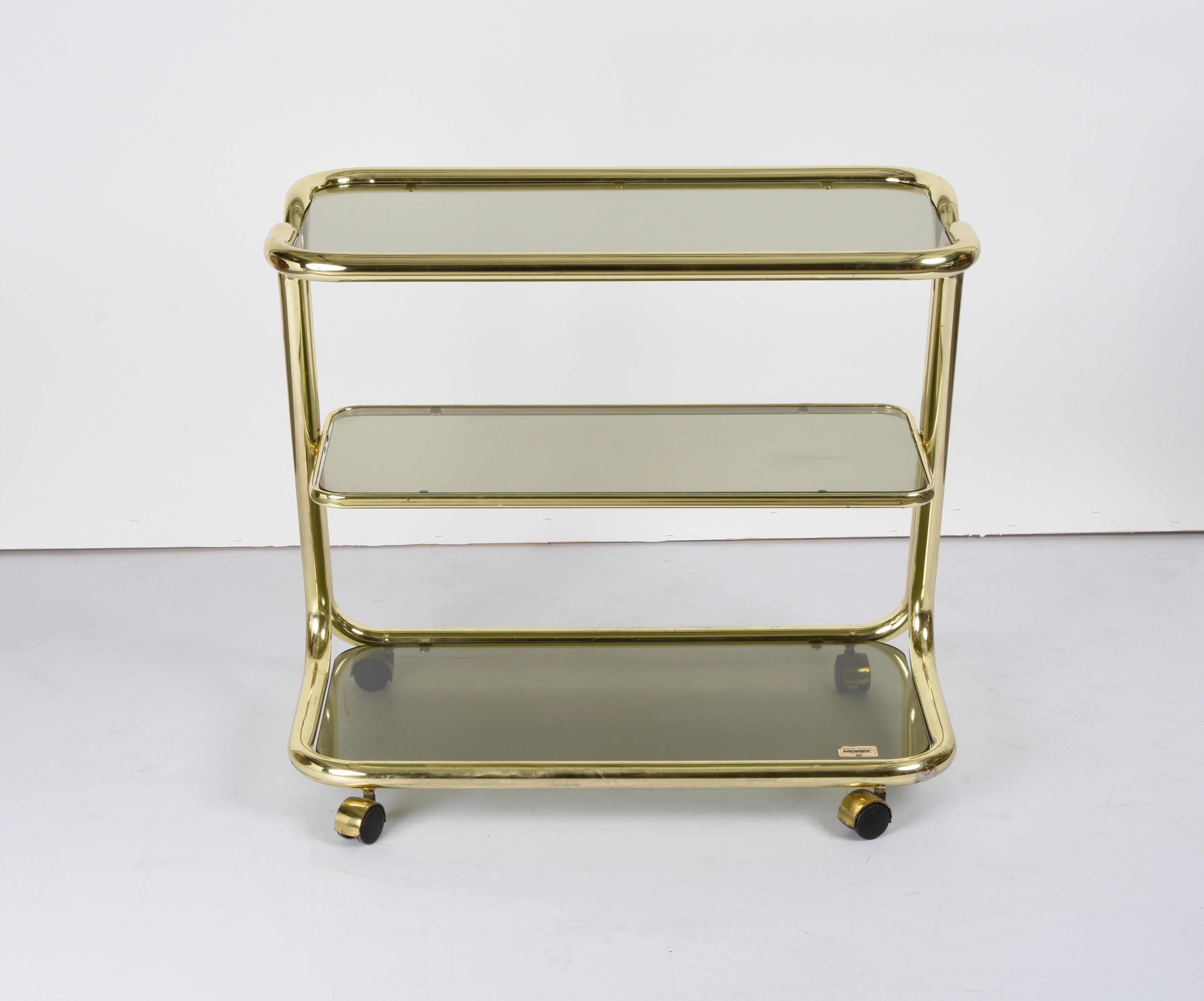 Midcentury Morex Three Levels Brass and Smoked Glass Italian Bar Cart, 1970s For Sale 4